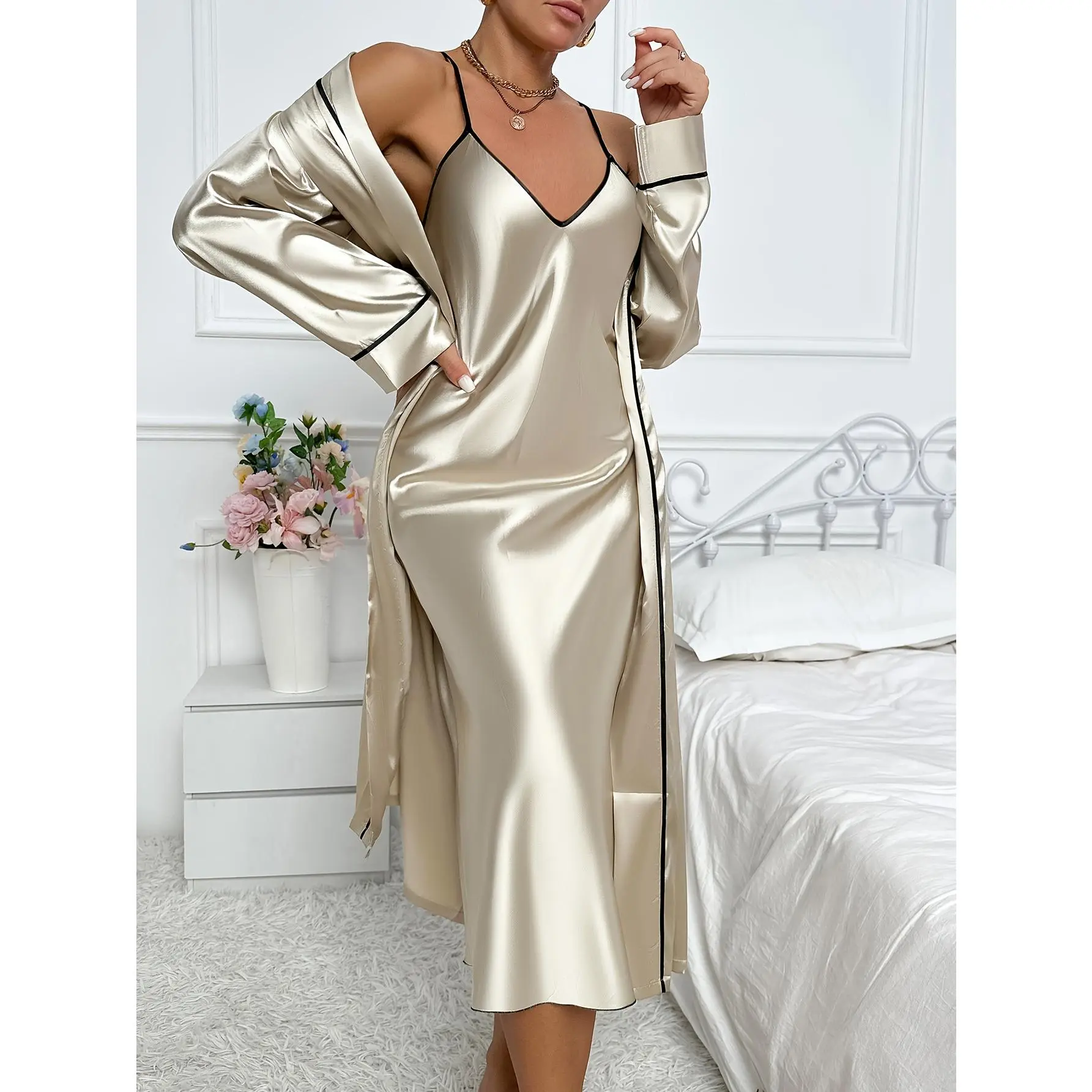 Women's Autumn-Winter 2-Piece Polyester Nightwear Set - Belted Long Home Sleep Robe, Soft Fabric Loungewear
