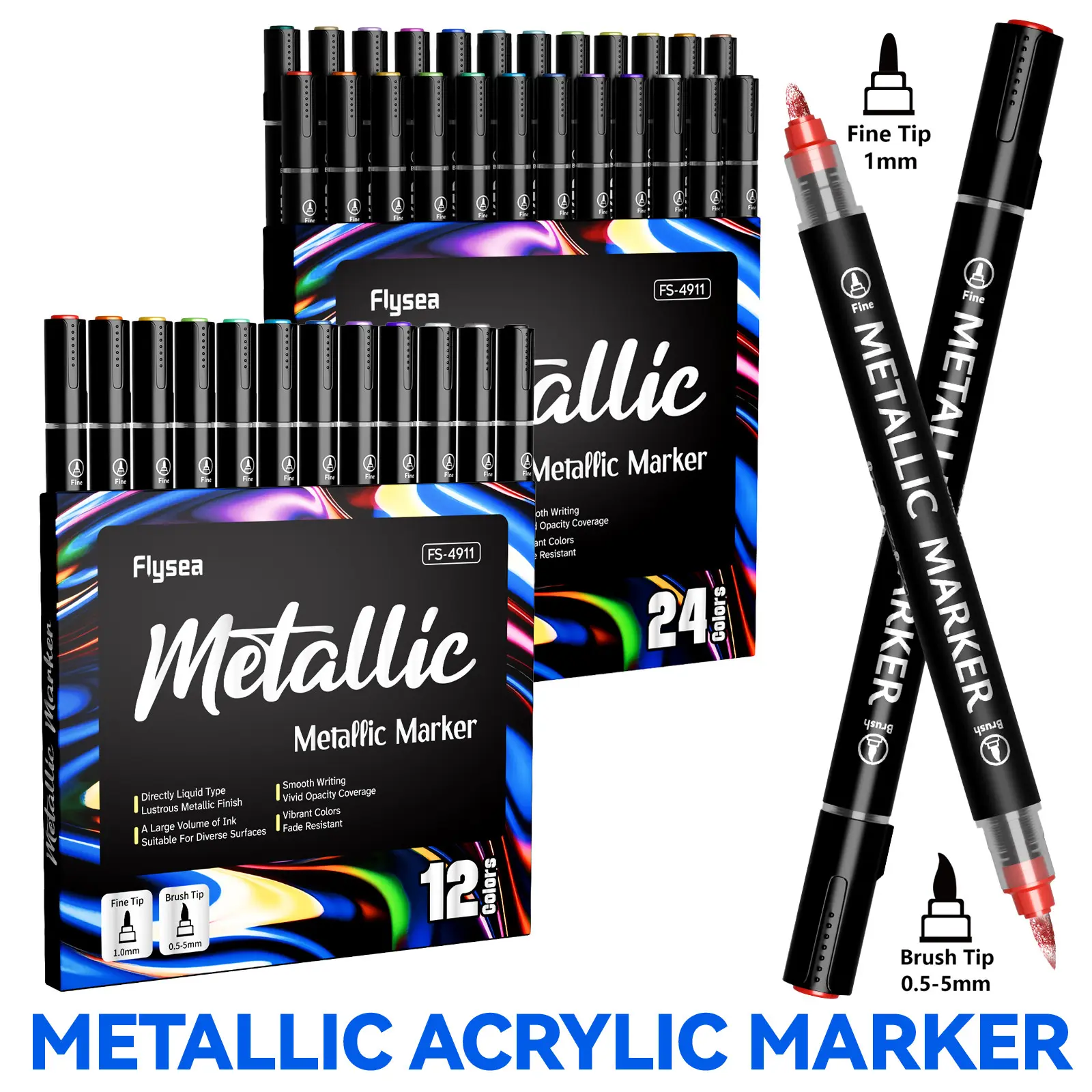 12-24 Color Metal Dual-Ended Acrylic Marker Set, Professional Art Supplies, Suitable for Wood, Glass, Metal, Ceramic, Plastic, Fabric