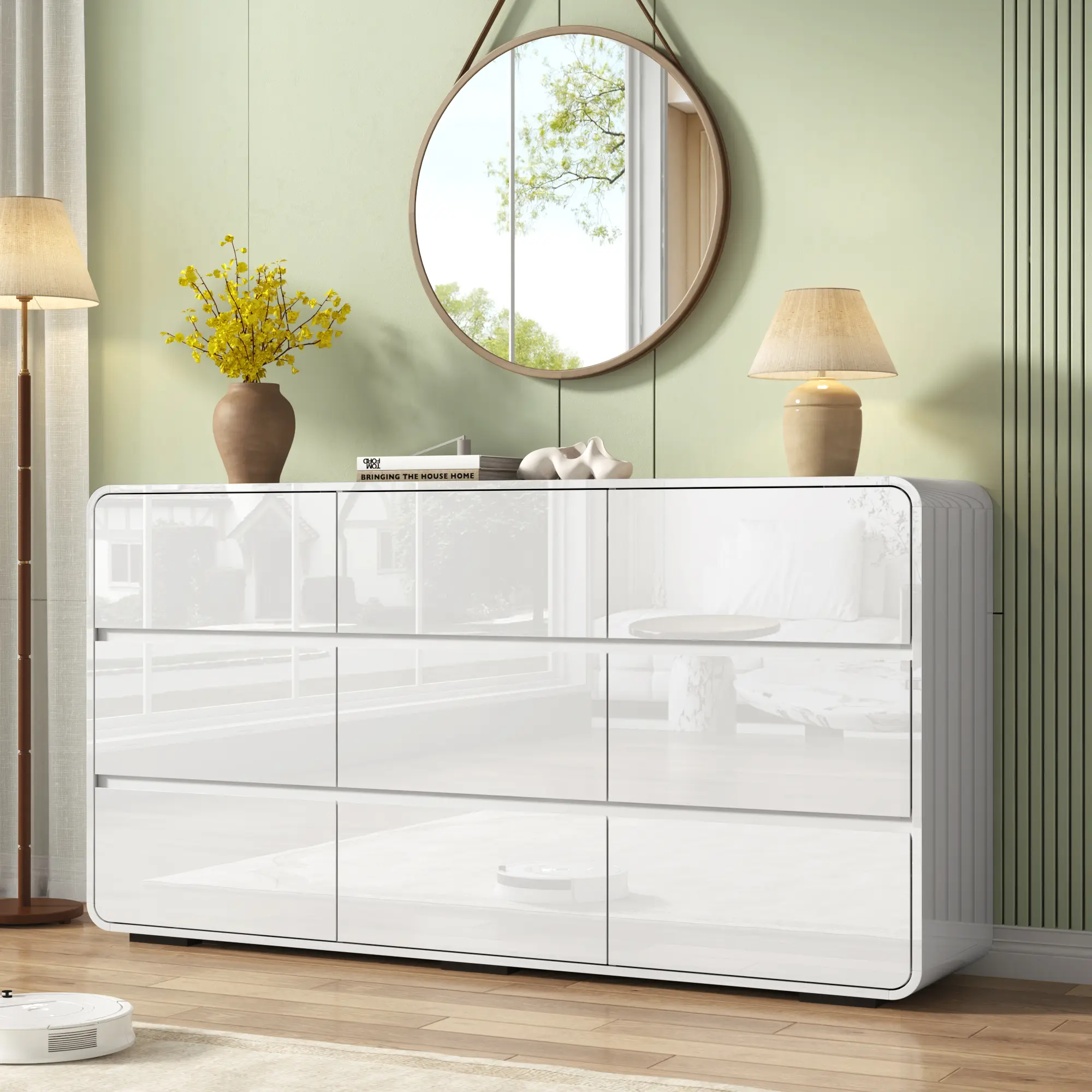 59.1" Modern 9-Drawer Dresser with High Glossy Surface, Handleless Fronts, Rounded Corners - Minimalist Decluttering Storage Organization Chest for Bedroom, Living Room