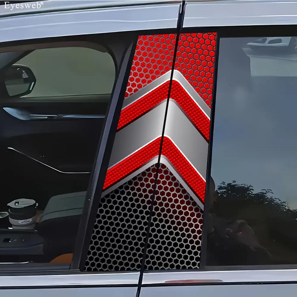 Car B Pillar Stickers 2Pcs Red Gray Honeycomb Decals, Waterproof Scratch Resistant, Easy Install Remove Auto Exterior Accessories