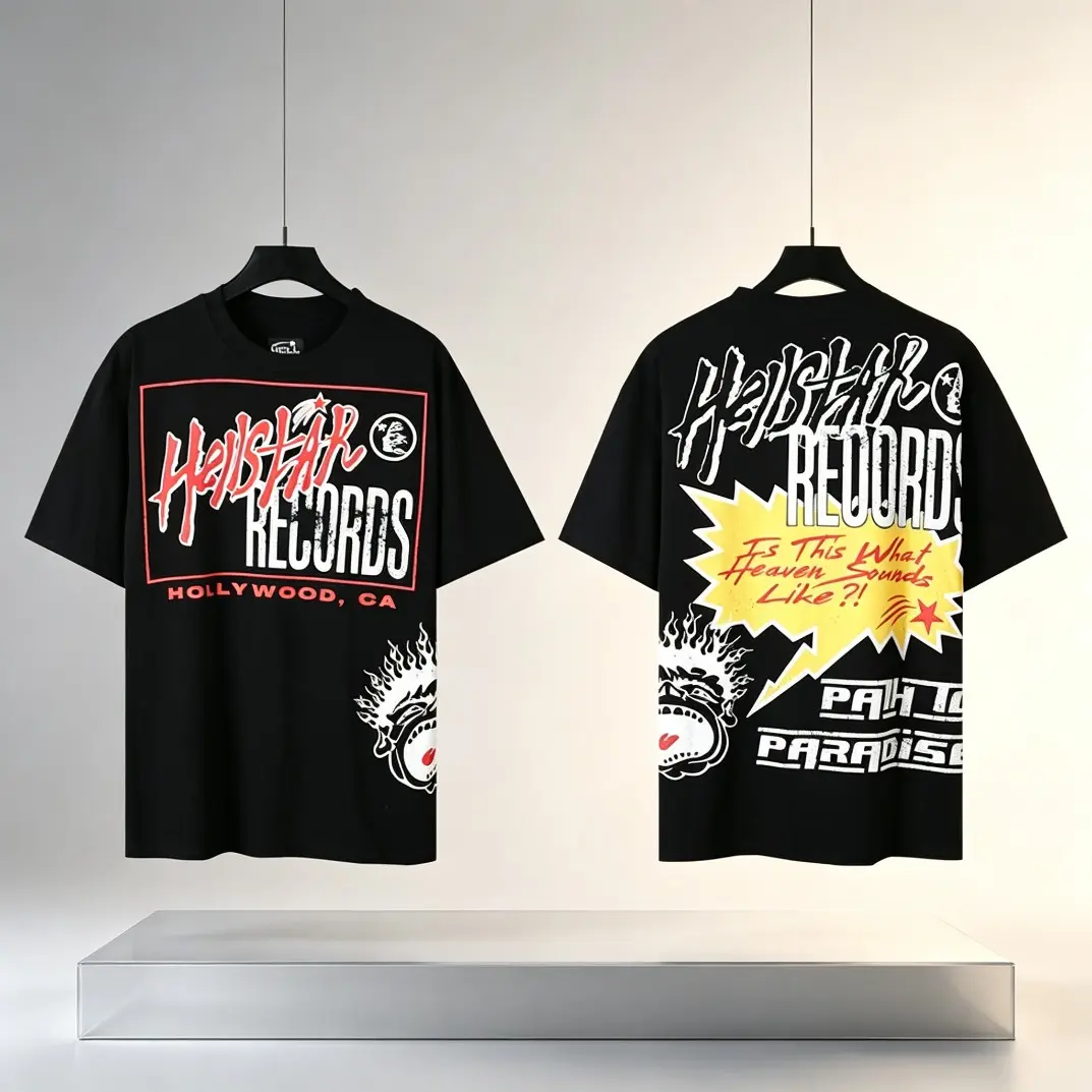 Trending Hellstar Records Graphic Cotton T-Shirt Oversized Retro Distressed Tee Double Sided Street Print Short Sleeve Top Gothic Punk Streetwear Y2K Casual Summer Outfit Unisex Men Women Gift