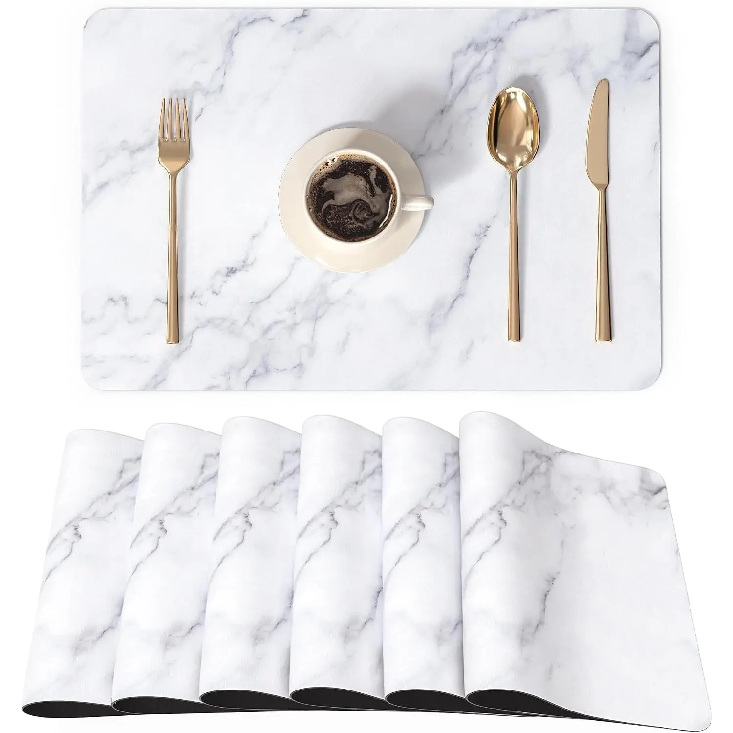 Placemats Set of 6, 12x18 Inch Faux Leather Place Mats for Kitchen Dinning, Heat Resistant Anti Slip Table Mats, Waterproof Wipeable Washable Placemat Party Table Décor, White Marble