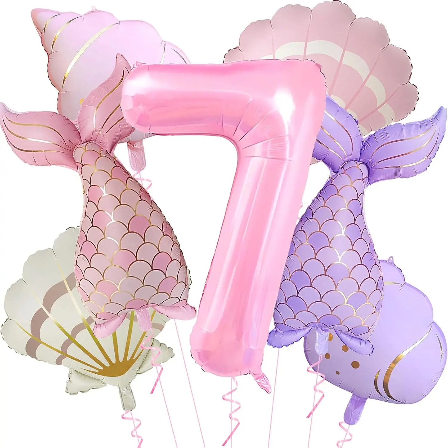 7Pcs Mermaid Balloons Party Decor Set - 40in Pink Number 7 Balloon, Seashells Balloons, Purple Decor for Birthday, Baby Shower