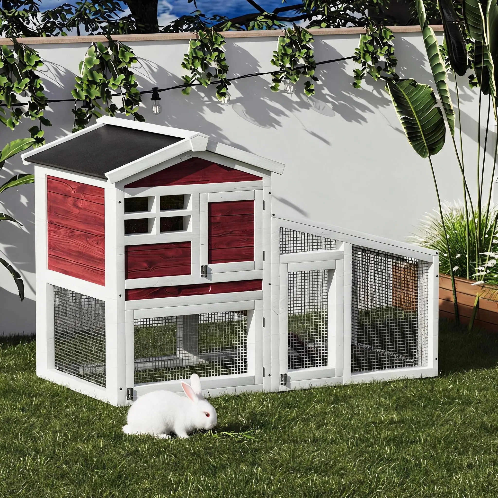 Double Layer Rabbit Hutch – 53.2"l Wooden Bunny Cage with Run, Removable Tray, Weatherproof Asphalt Roof, & Ramp – Indoor/Outdoor Pet House for Rabbits, Guinea Pigs, Chickens