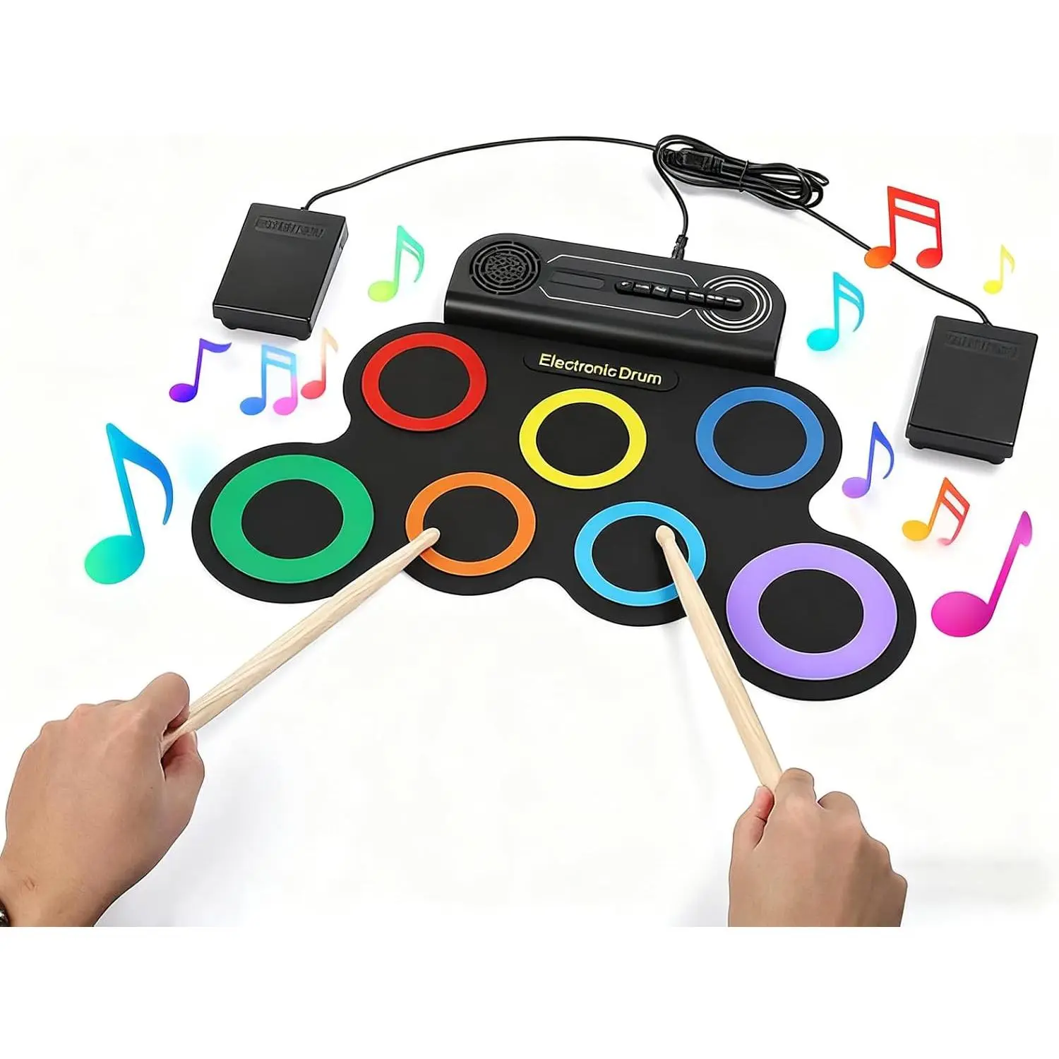 Drum Set, Roll Up Drum Practice Pad Midi Drum Kit with Headphone Jack -in Speaker Pedals Sticks 10 Hours (Colorful, 7 Pads)