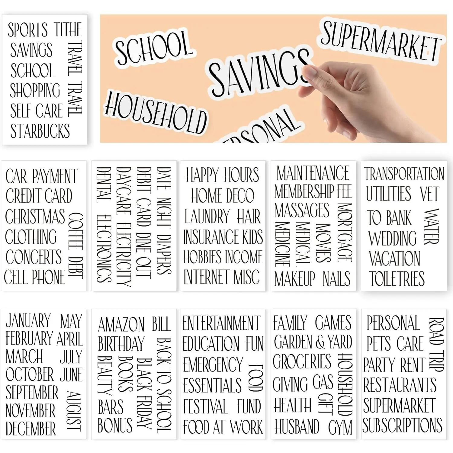 Cash Envelope Sticker Labels - 180 Durable 4.2"x1.2" Vinyl Decals, 12-Month Pre-Printed All Caps Black Stickers, Sheet for Budget Binder, Monthly Planner, Calendar, Finance Planner