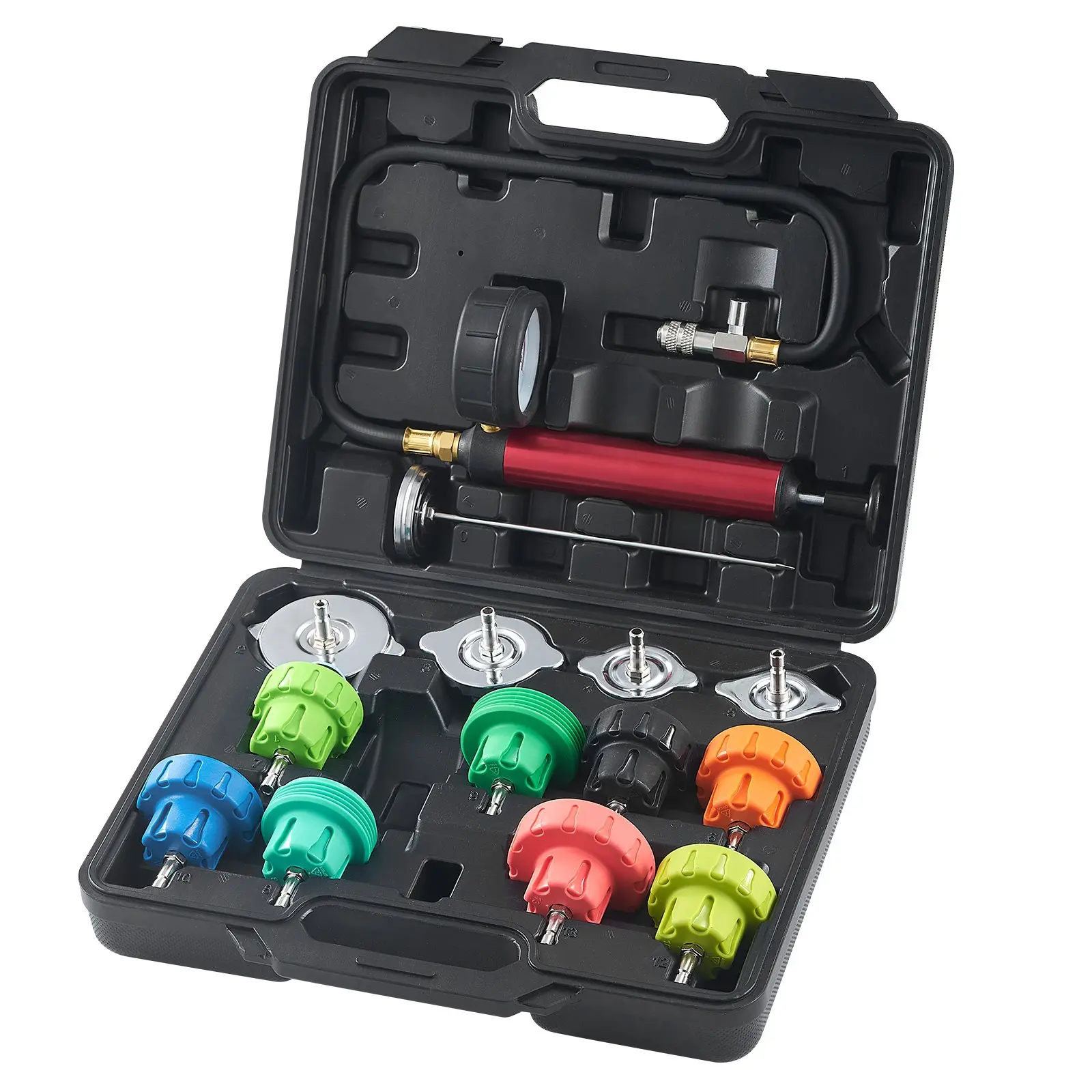 【Summerfinds】VEVOR 14 pcs Universal Radiator Pressure Tester Kit, Coolant Pressure Tester Kit with Manual Pump and Color-coded Steel Test Cap Adapters, with Toolbox, For Cars Motorcycles Trucks Cooling System