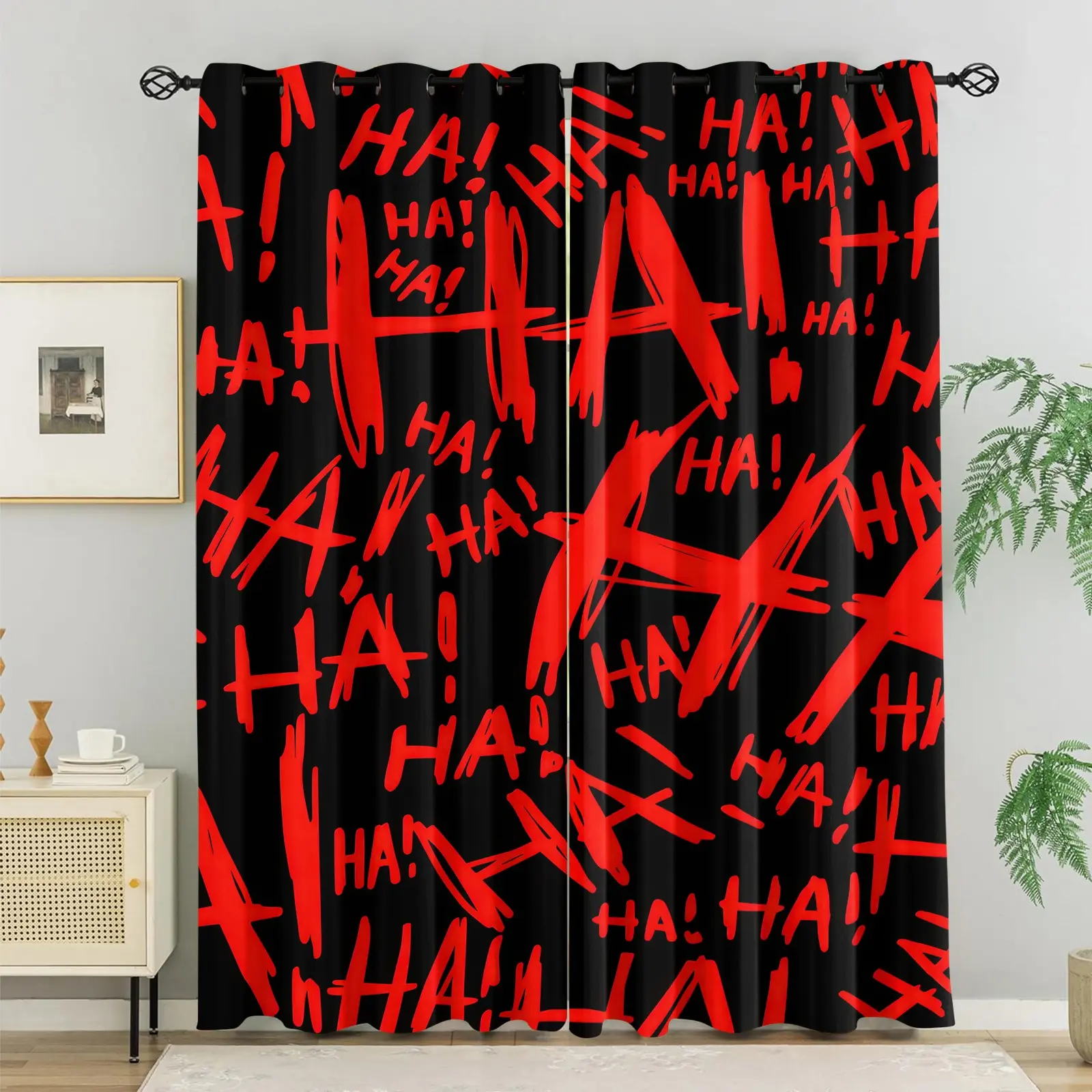 2 Panels Red Graffiti HA Slogan Blackout Curtains, Room Darkening Bold Street Art Text Design, Grommet Top with Metal Rings, No-Hook Washable Fabric, Light Blocking Window Drapes for Bedroom Living Room Decor, Grunge Streetwear Lover Gift