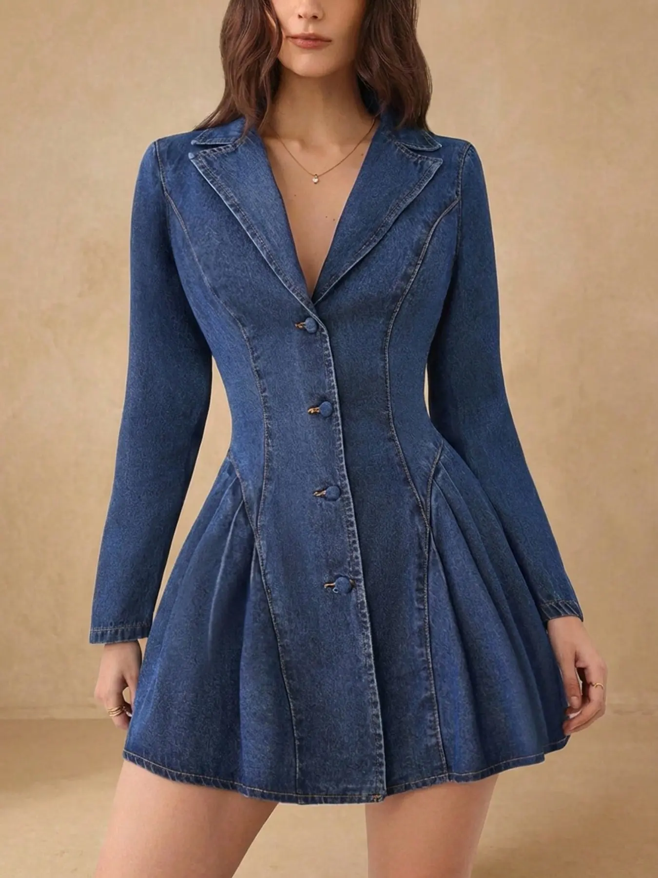 Women's Lapel Blazer Long Sleeve Single Button Waist Belted Flared Dress, Y2K Street Style Denim Skirt, Fashionable and Trendy, Casual Fashion Clothing, Casual Fit Dress, Streetwear