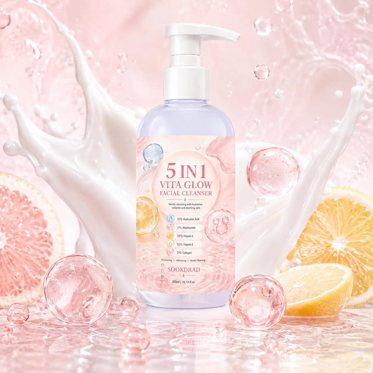 5 IN1 Vita Glow Facial Cleanser, with 10% Hyaluronic Acid, 5% Niacinamide, 30% Vitamin C, 10% Vitamin E, 5% Collagen, gentle cleansing, hydration, radiance, soothing care, for face, all skin types,