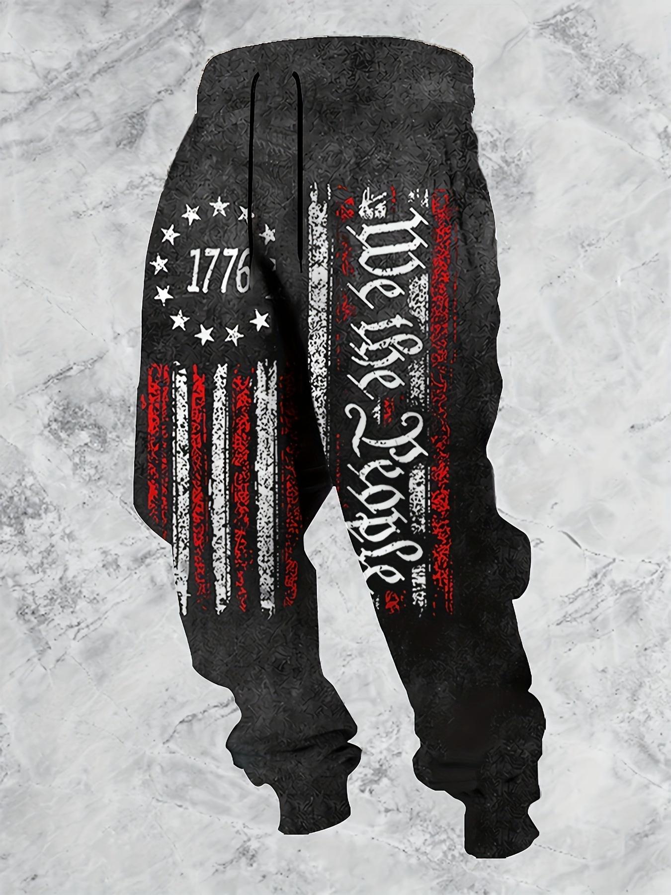 Men's patriotic 1776 flag and Declaration of Independence printed running pants - casual sports ankle pants with drawstring, machine washable polyester fiber, perfect for celebrating