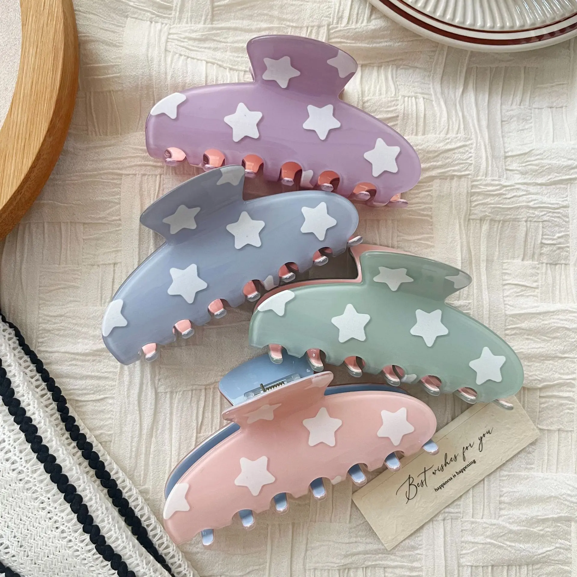 Dopamine Colorful Hair Clips for Women Girls, Cute Candy Color Shark Claw Clip with Star Print Design, Trendy Aesthetic Small Hair Accessories, Non Slip Strong Hold Mini Hair Claw Clips for Daily Hairstyle, Casual Wear, Office and Party