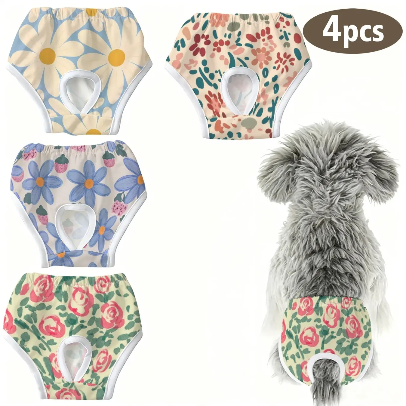 4-Pack Cute Pet Puppy Cat Printed Panties, Hand-Drawn Daisy Rose Print, Anti-Peck Underwear for Small Dogs and Cats, Ideal for Holidays, Home, Travel