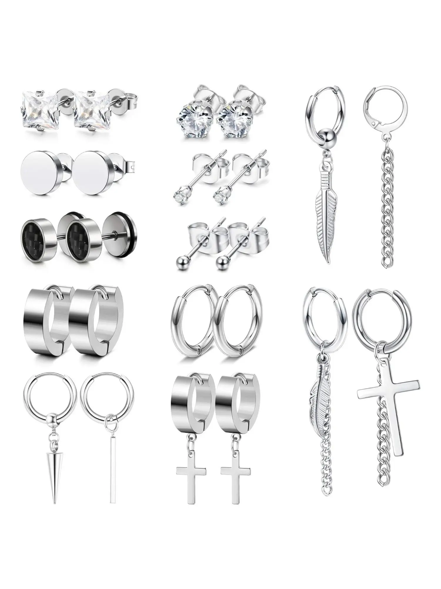 12 Pairs Cool Metallic Silvery Stainless Steel Men Earring Collection for Men Women All-Scene Alternative Daily Ear Accessory Coordination Wide Range of Masculine Decorative Shapes Varied Styles Compact Pocket-sized Travel Present