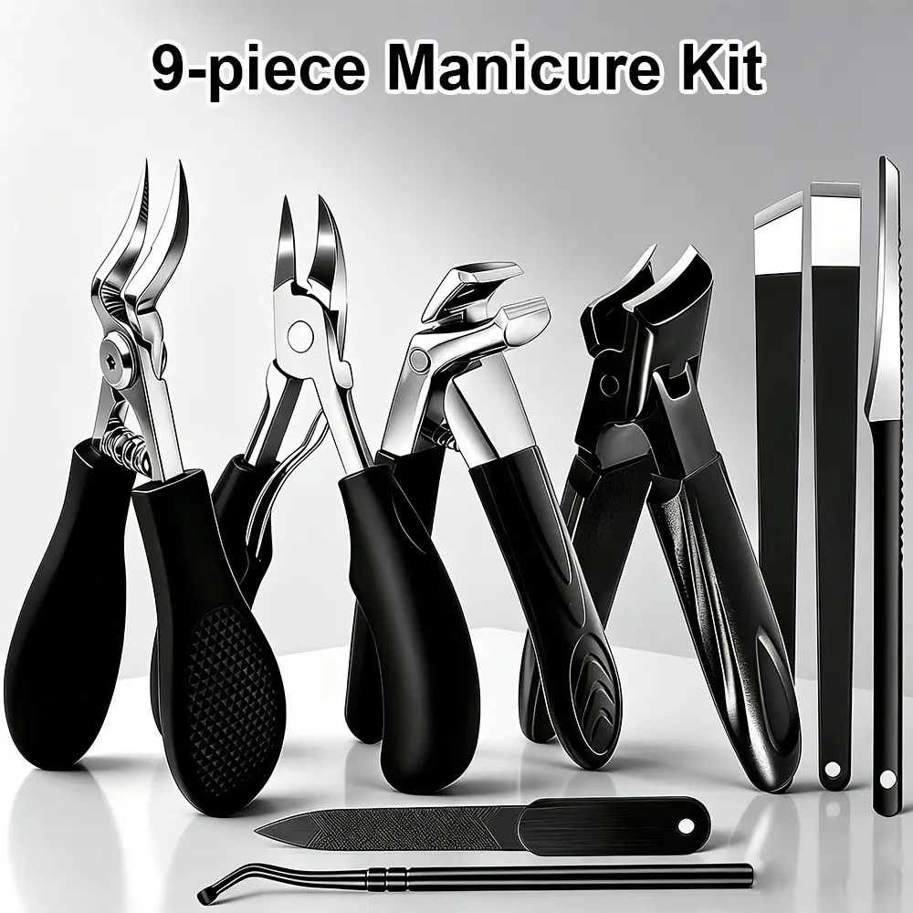 9 Piece Professional Manicure Pedicure Kit, Dual Claw Ingrown Nail Clippers, Thick Hard Nailed Scissors, Dead Skin Remover, Home Foot Care Tools