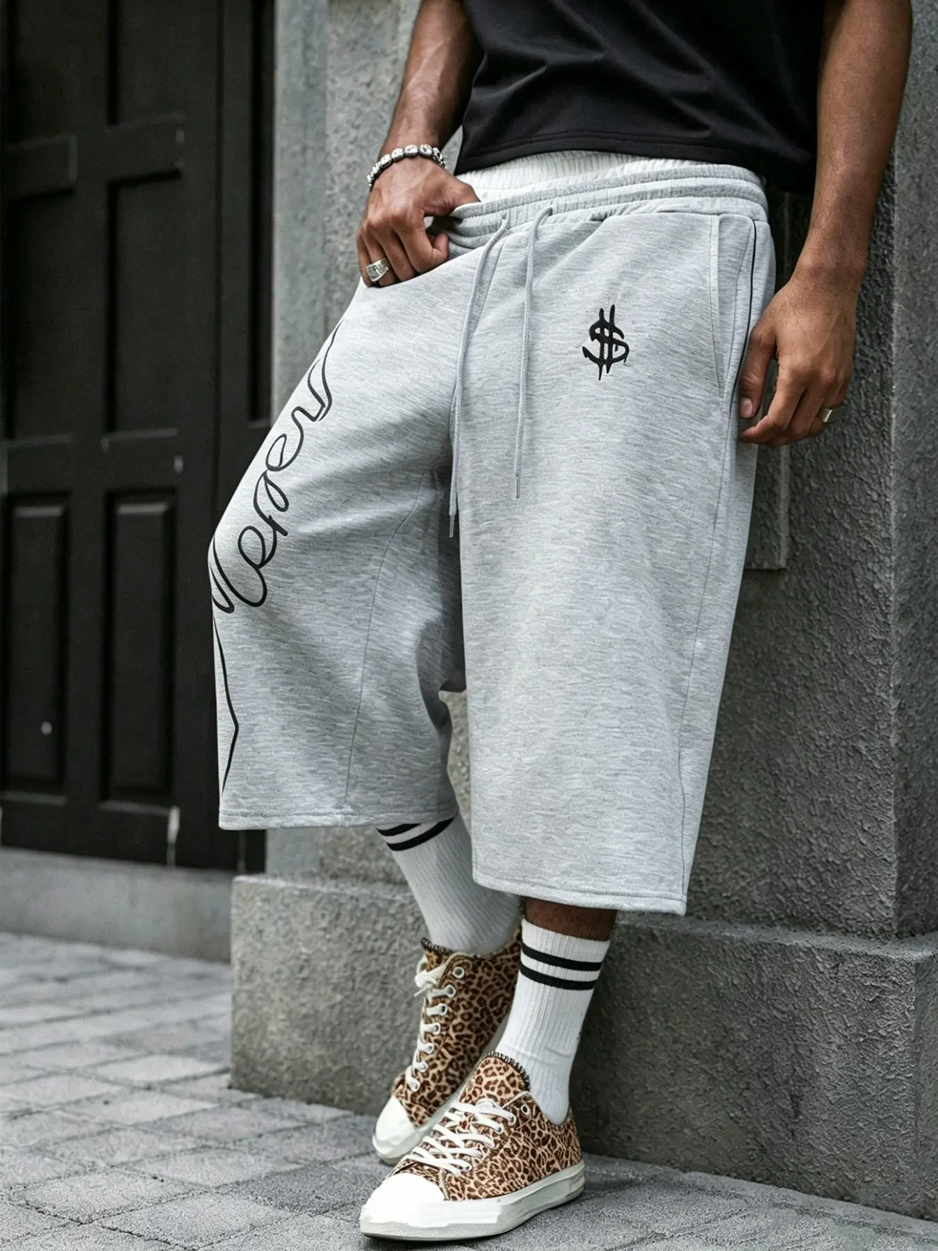 Unisex Heather Gray Drawstring Loose Baggy Wide Leg Cropped Sweat Shorts with Dollar Sign & Side Vertical Script Print American Hip Hop Streetwear Sportswear Casual Bottoms