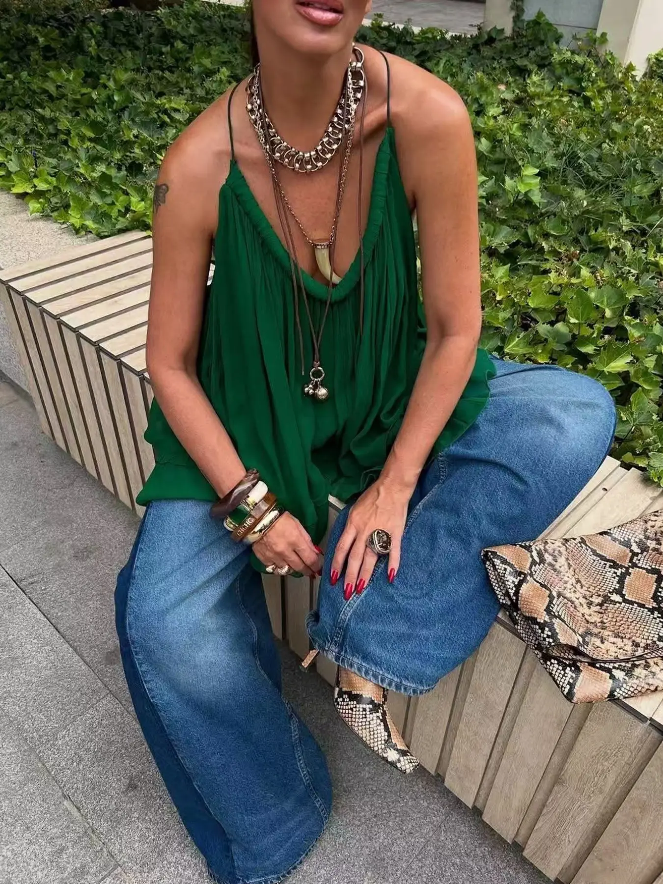 Emerald Green Halter Swing Top Women Flowy Layered Ruffle Cami Deep V Loose Fit Backless Sleeveless Chiffon Blouse Boho Chic Vacation Beach Resort Wear Summer Going Out Tank Elegant Casual Fashion