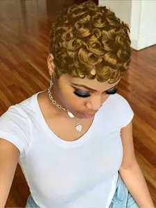 Curly Wave Human Hair Wig for Women Pixie Cut Full Machine Made Wig 150% Density 6 Inch Wig Ideal for Daily Use and Special Occasions like Christmas and New Year Party