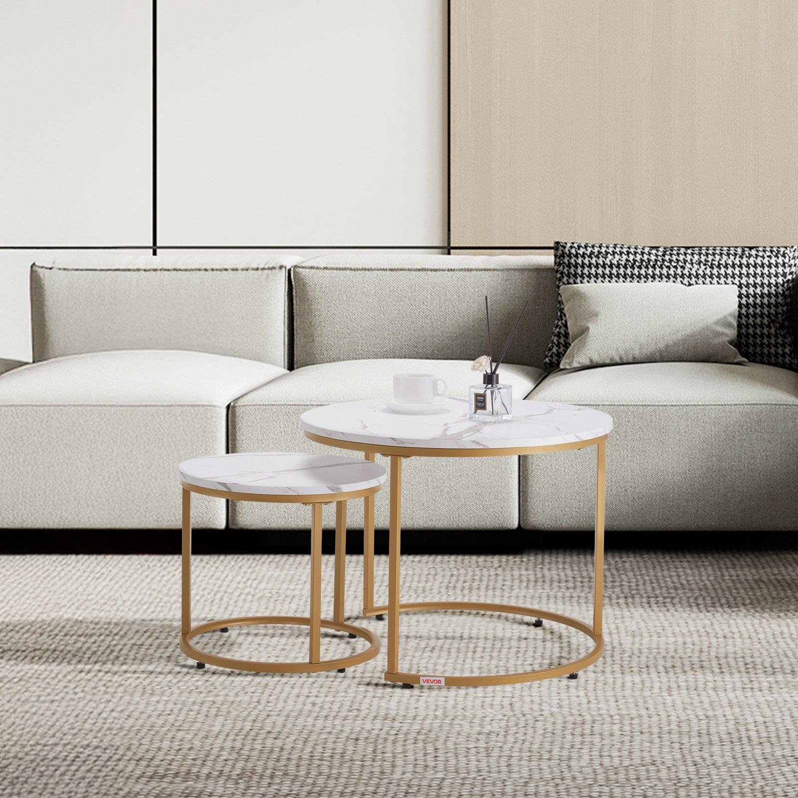 VEVOR Nesting Coffee Table Set of 2, 23.6 in Round Coffee Table, Nesting Tables for Small Place, Vintage End Side Tables Night Stand with Metal Frame, for Living Room, Bedroom, Office (White & Gold) VEVOR Nesting Coffee Table Set of 2, 23.6 in Round Coffee Table, Nesting Tables for Small Place, Vintage End Side Tables Night Stand with Metal Frame, for Living Room, Bedroom, Office (White & Gold)