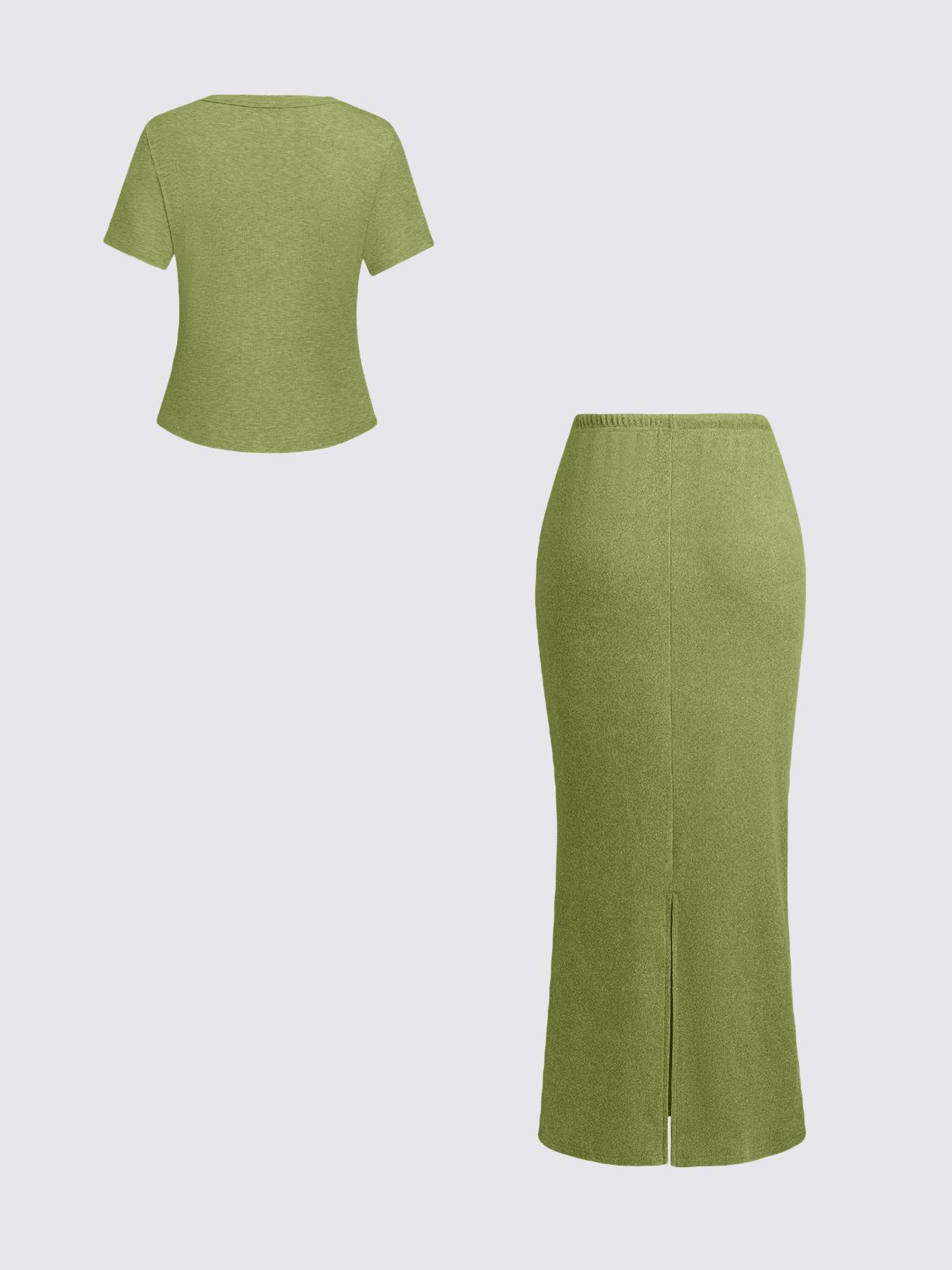 Women's Solid Basic Button Front Tee & Drawstring Split Hem Skirt Two-piece Set, Casual Short Sleeve Round Neck Top & Skirt for Daily Wear, Ladies Two-piece Outfits for All Seasons, Matching Clothing Set Women