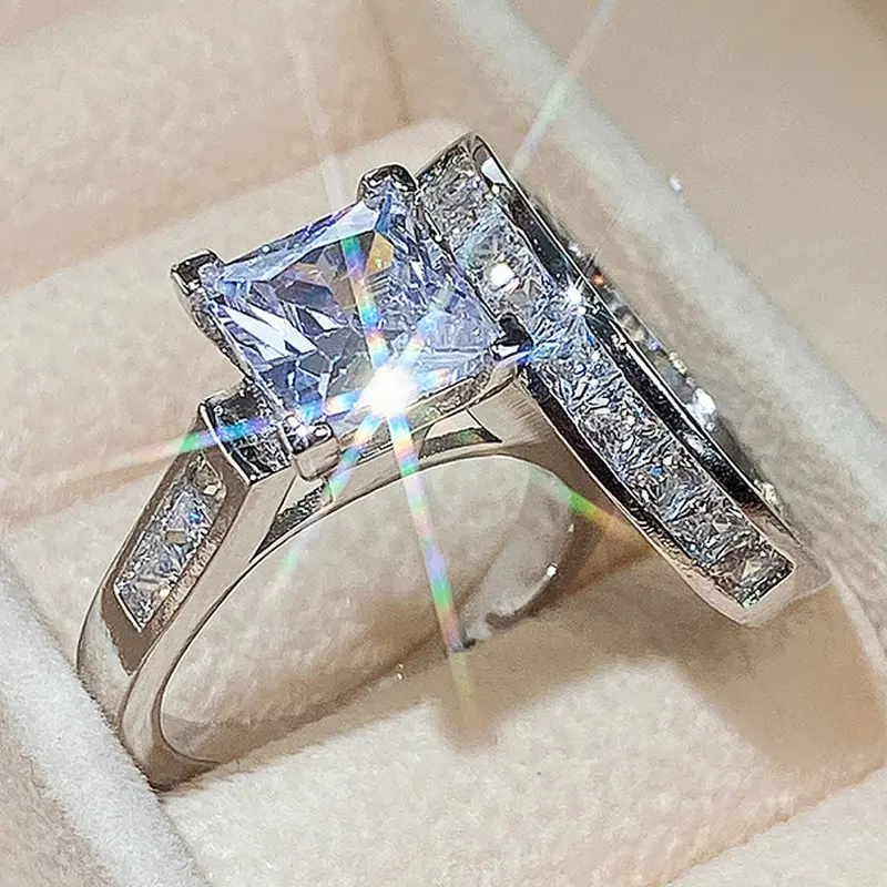 Female 2-Piece Square Cubic Zirconia Stackable Rings, Sparkling Inlaid Stones Bridal Engagement Band Set, Luxury Promise Jewelry for Wedding Gifts, Cubic Zirconia Rings