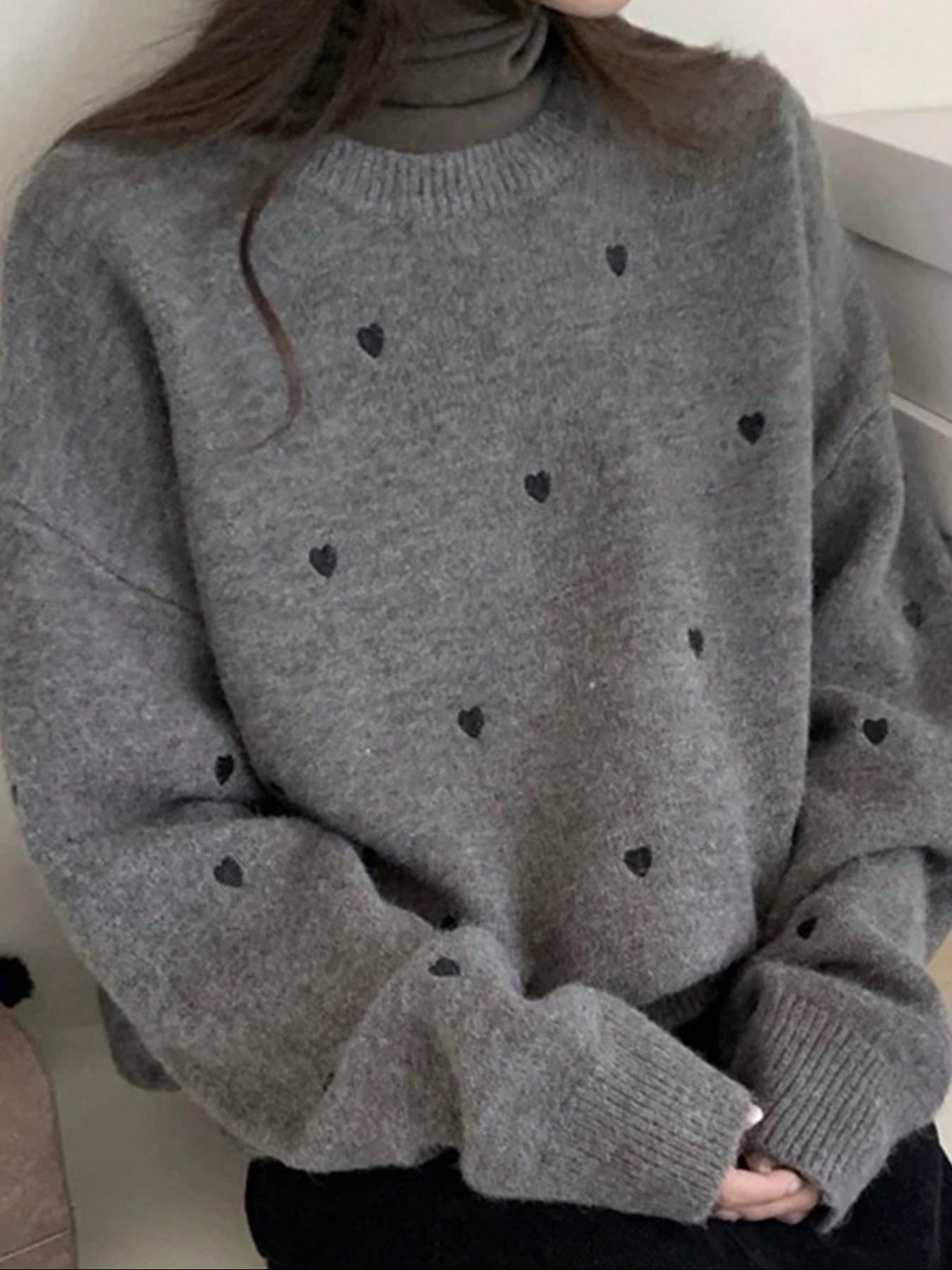 Women's Heart Embroidery Drop Shoulder Sweater, Casual Long Sleeve Round Neck Jumper for Fall & Winter, Fashion Ladies' Knitwear for Daily Wear