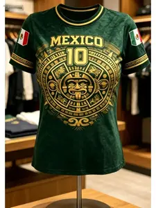 2026 New Mexican Aztec Calendar Print Unisex Summer Short Sleeve Round Neck T-Shirt, Vintage Gold Ethnic Pattern, Casual Fashion Quick-Dry Breathable