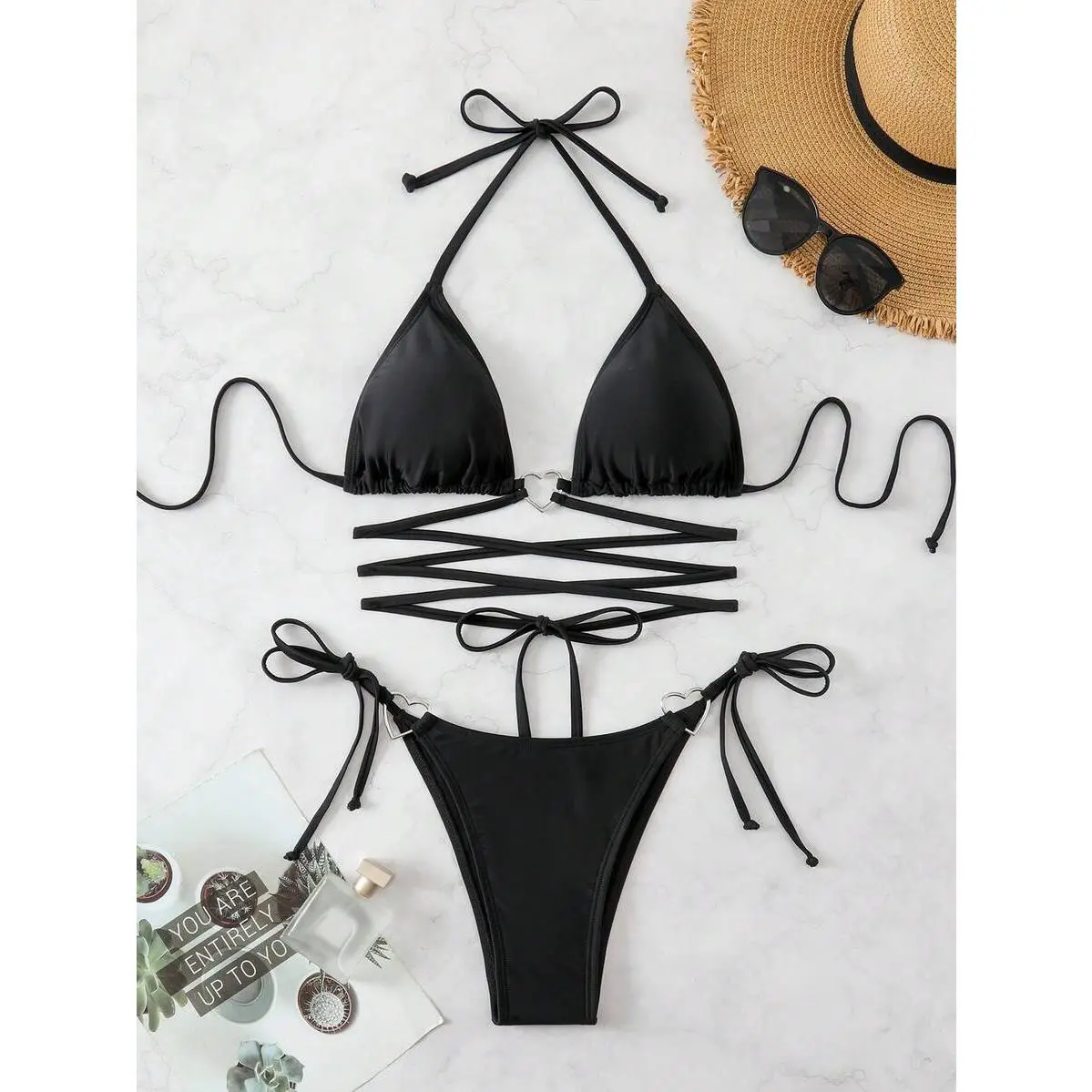 Women Solid Black Heart Metal Ring Halter Tie Crisscross Bandage Front Side Tie String Bikini Set Tummy Control Body Shaping Summer Beach Vacation Swimwear