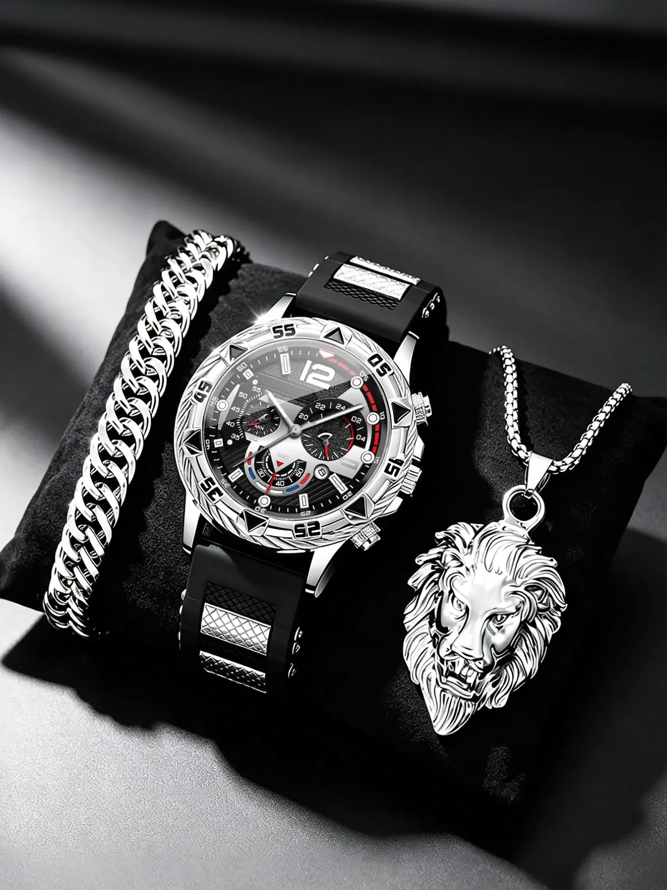 3-Piece Fashion Men's Accessory Set, Includes Stylish Sports Watch, Lion Head Necklace, Bracelet, Silver Color, Quartz Movement