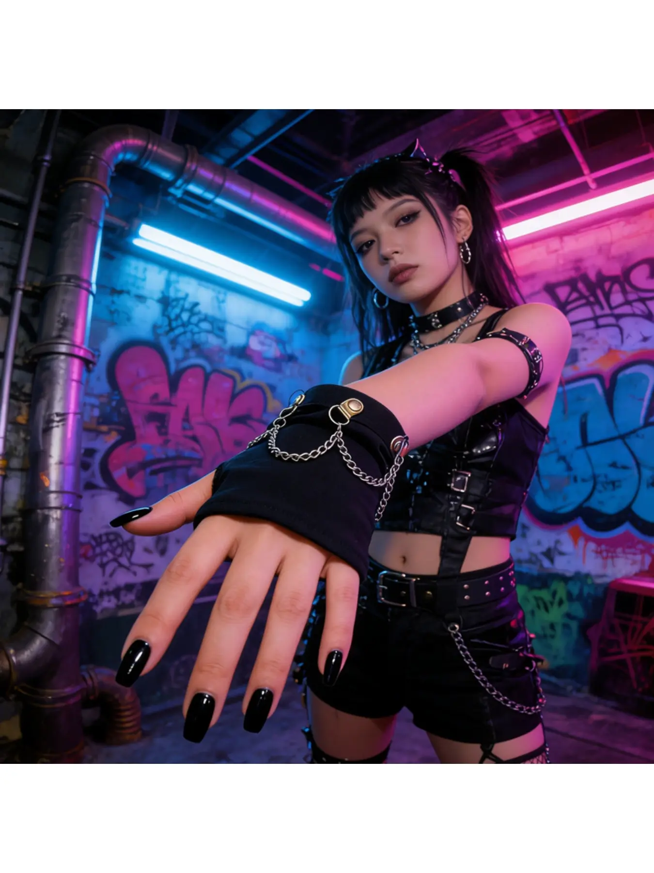Gothic punk fingerless gloves for women, black half-finger arm sleeves with chains, unique subculture dance sleeve covers