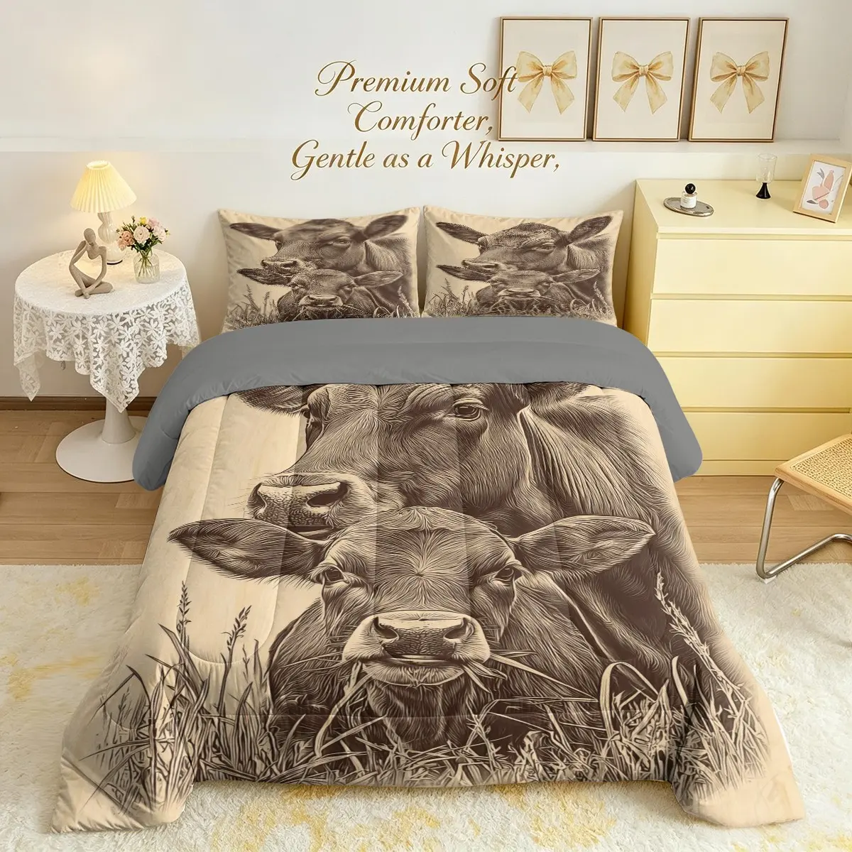 2/3pcs Cow Mother And Child  Print Quilt Set, Western Countryside Farm Style Bedding Set, Retro Sketch Hand-Painted Design, Soft And Breathable Quilted Quilt With 1/2 Unfilled Pillowcases, Suitable For Bedroom DéCor, All Seasons, Machine Washable