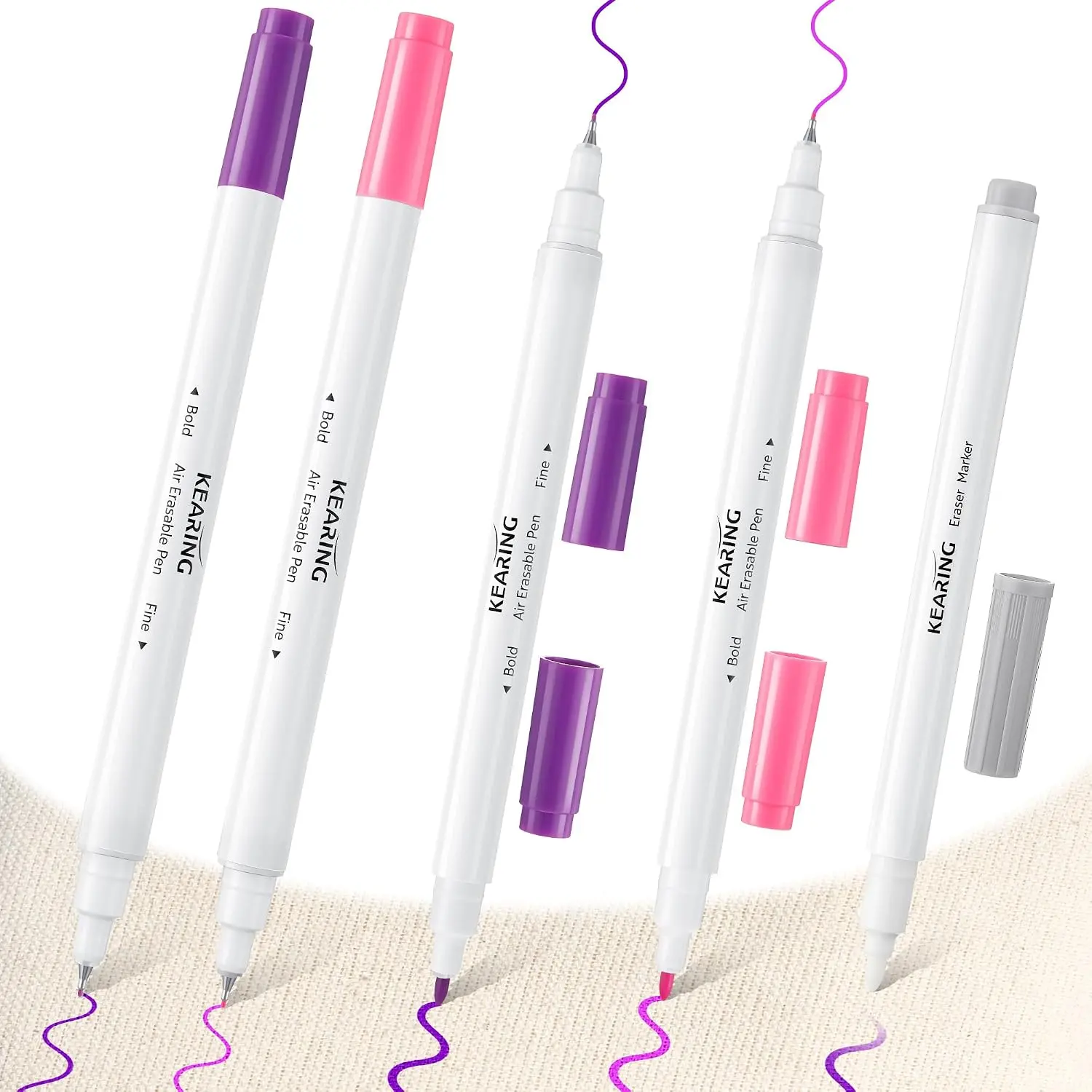 Fabric Markers for Sewing, 5 Count Pack - 4 Air Erasable Fabric Marking Pens + 1 Eraser Pen, Disappearing Ink Pen for Fabrics Sewing Quilting Embroidery Supplies (+, Air Erasable)