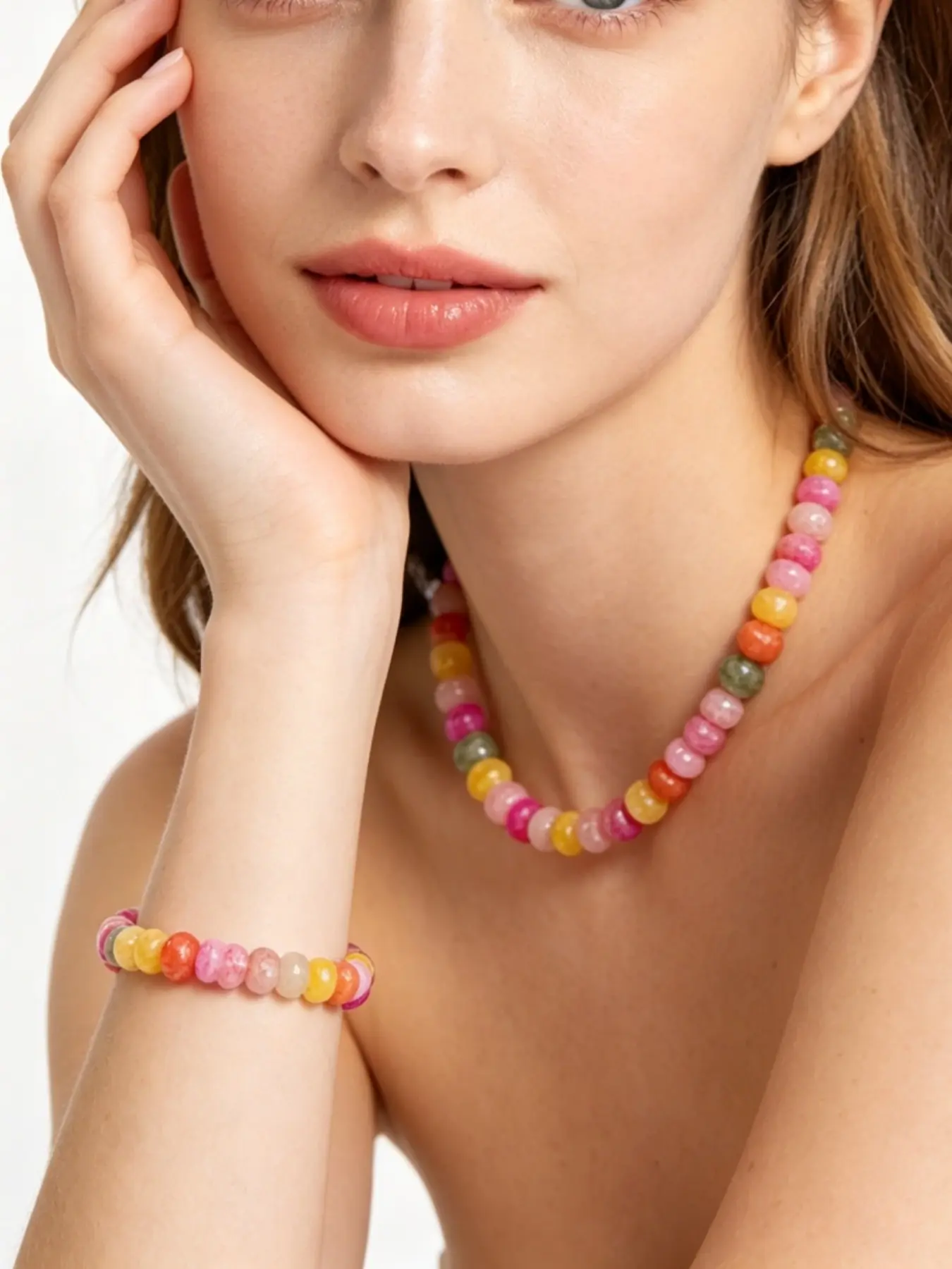 2026 Summer Boho Aesthetic Cool Colorful Playful Imitation Natural Stone Beaded Design Necklace Bracelet Set, Sweet Macaron Color Artificial Crystal Jewelry Set, Elegant Minimalist Bohemian Style Gift Ready for Women Men