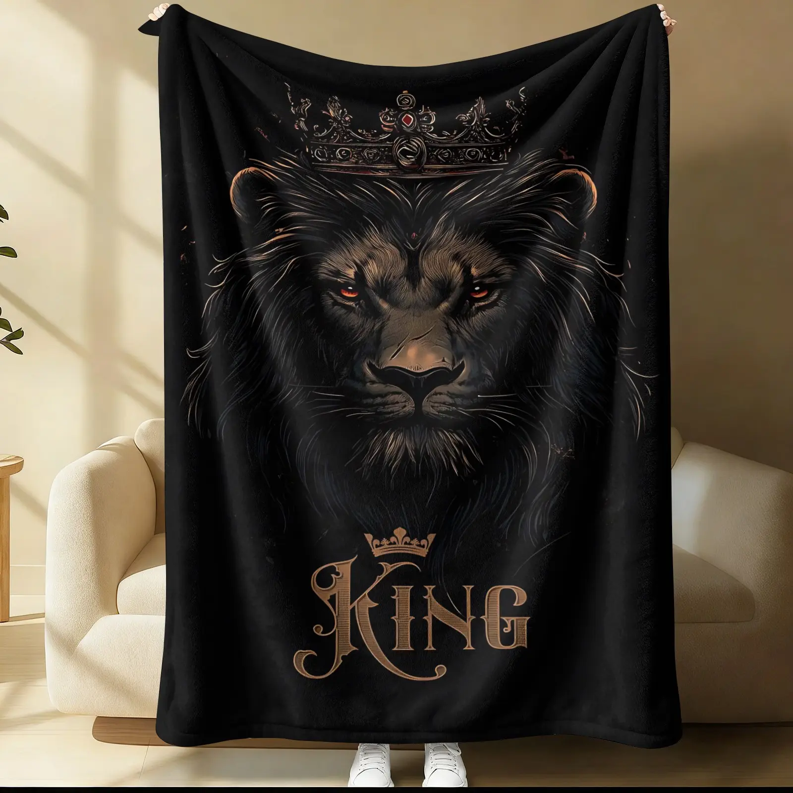 Majestic Black Gold Lion Flannel Blanket, Crown Design Throw Blanket, Ultra-Soft Cozy Warm Blanket, Unique Birthday Gift Blanket, For Adults Men Couch Bed Sofa Office Travel All Season