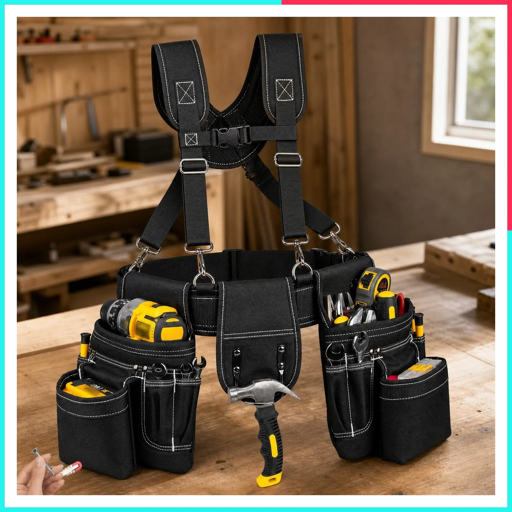 Heavy Duty Tool Belt with 4 D-Rings, 27 Pockets, Magnetic Tool Pouch, Detachable Adjustable Tool Belt for Men, Construction, Electrician, Carpenter, Dad Gifts, Black