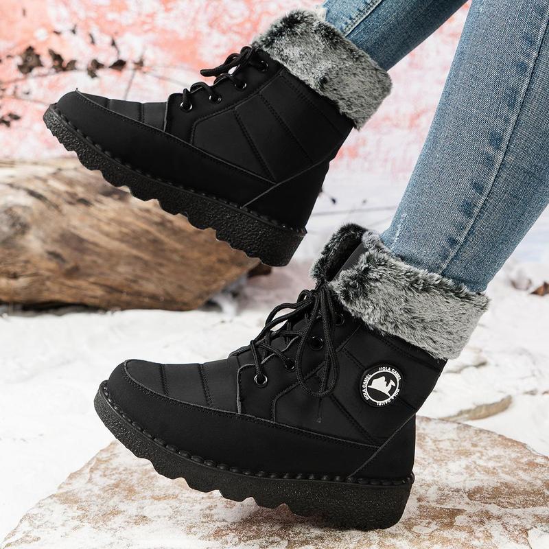 Women's Snow Boots Insulated Waterproof Winter Boots for Women Warm Fur Lined Booties High-heeled Snow Boots Lace-Up Mid-Calf Design Faux Fur Cozy Warm Black