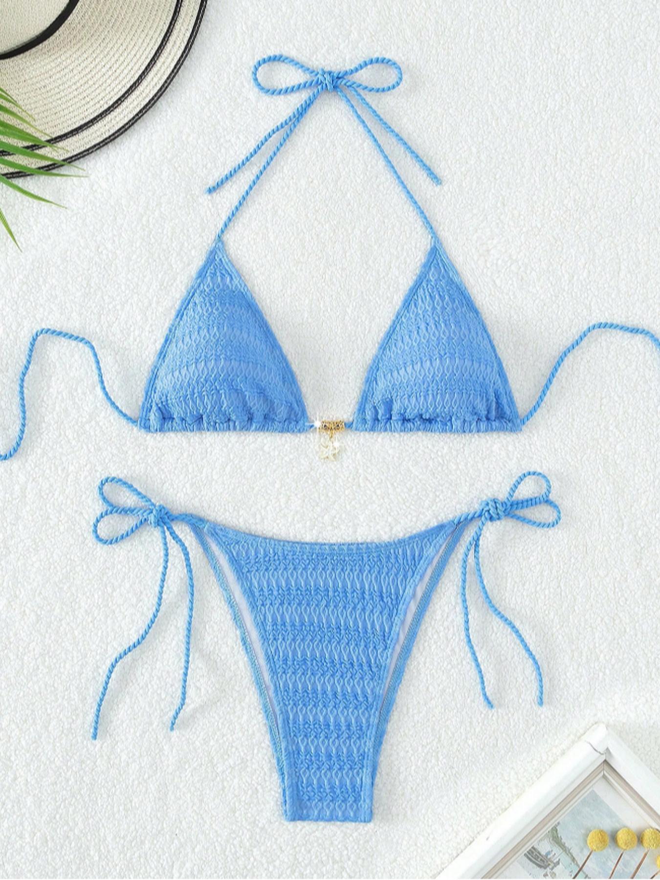 New Braided Triangle Cup Sexy Bikini, Fashion Luxury Metal Pendant Strap Split Tie Swimwear Set, Summer Beach Resort Swimsuit for Women, Summer Swimsuits