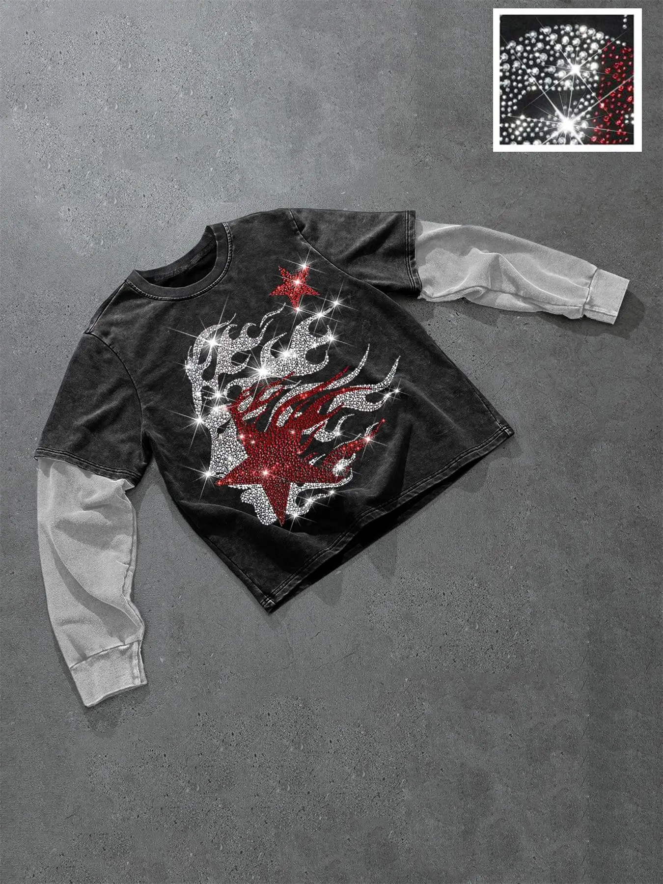 Men's Casual Fake Two-Piece Long Sleeve, Block Rhinestone Flame Star Design, Regular Fit, Sporty Daily Wear