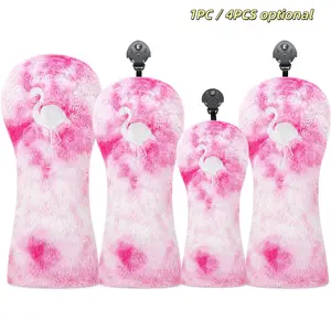 Fur Flamingo Embroidery Golf Head Covers, Fits Driver, Fairway Wood, Hybrid Clubs, Soft Plush, Stylish, Universal Design