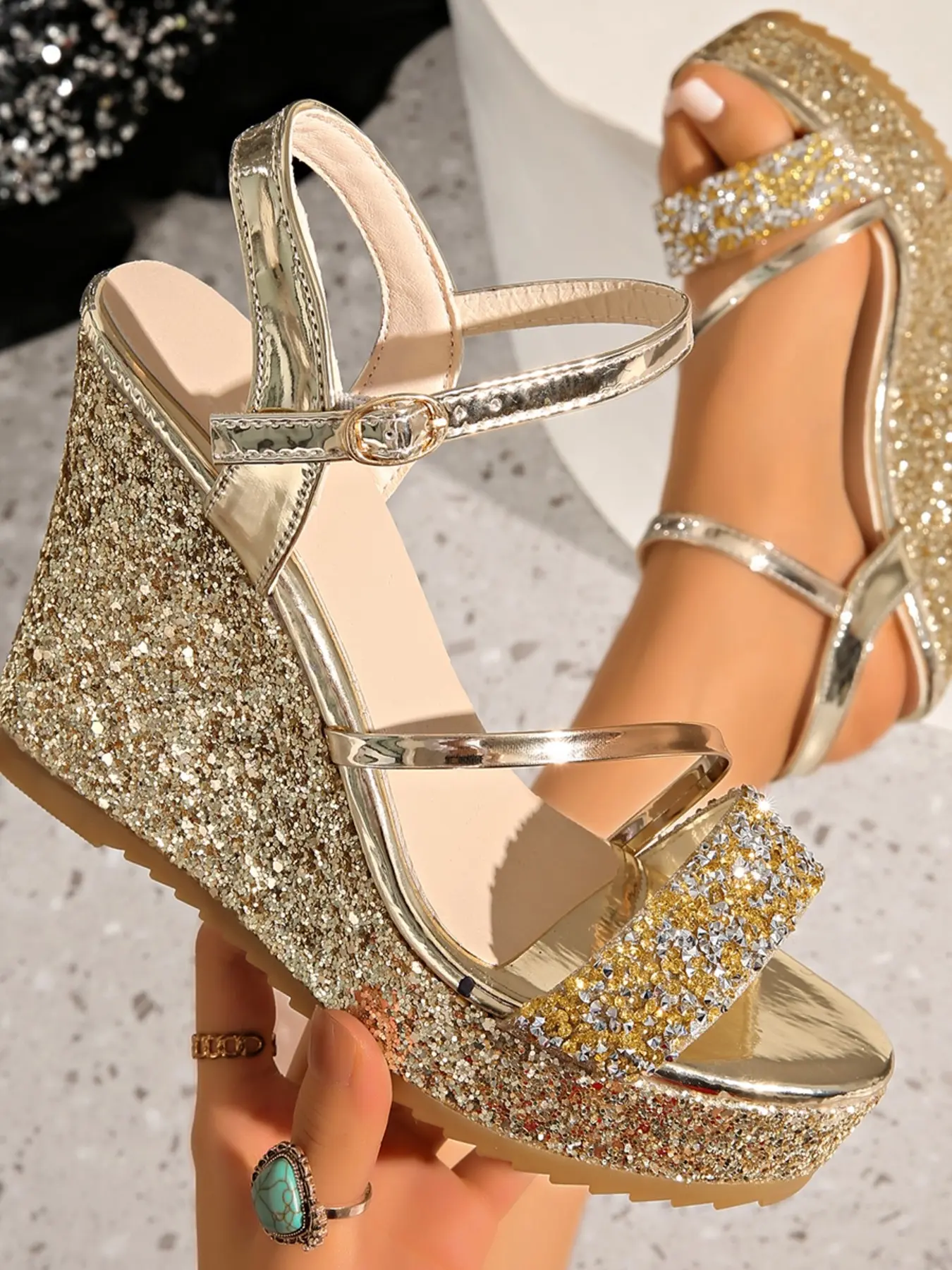 Women's Shiny Glitter Wedge Sandals, Rhinestone Single Strap Open Toe Buckle Ankle Strap, Formal Occasion Women's Shoes, Party Evening Shoes