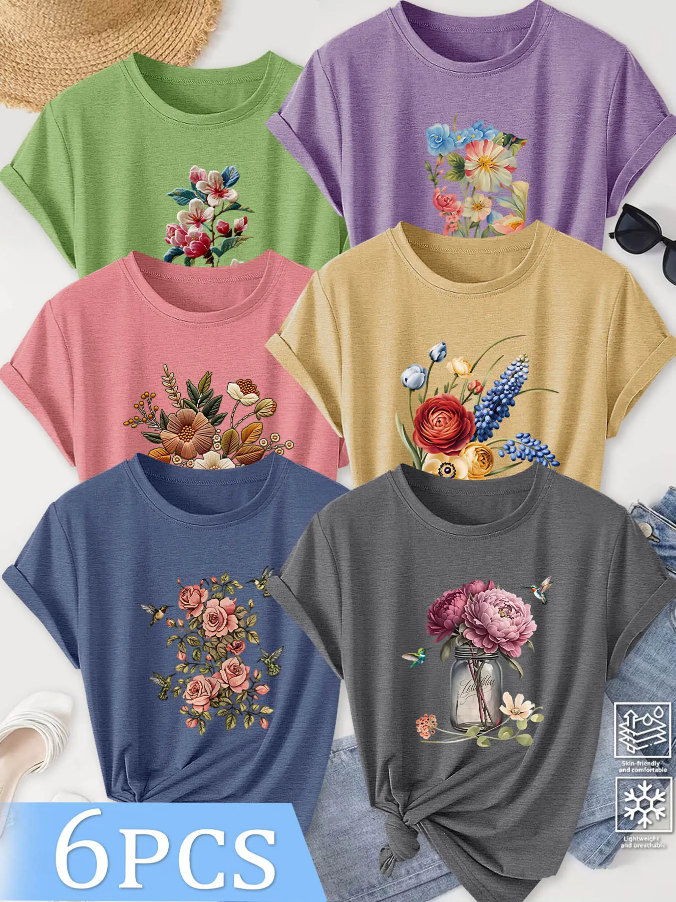 6Pcs Women Spring Summer Crew Neck Short Sleeve T-Shirts, Various Printed Patterns, Multi Colors Available, Soft Skin-Friendly Fabric, Machine Washable, Daily Use, Minimalist Fashion Versatile Tops