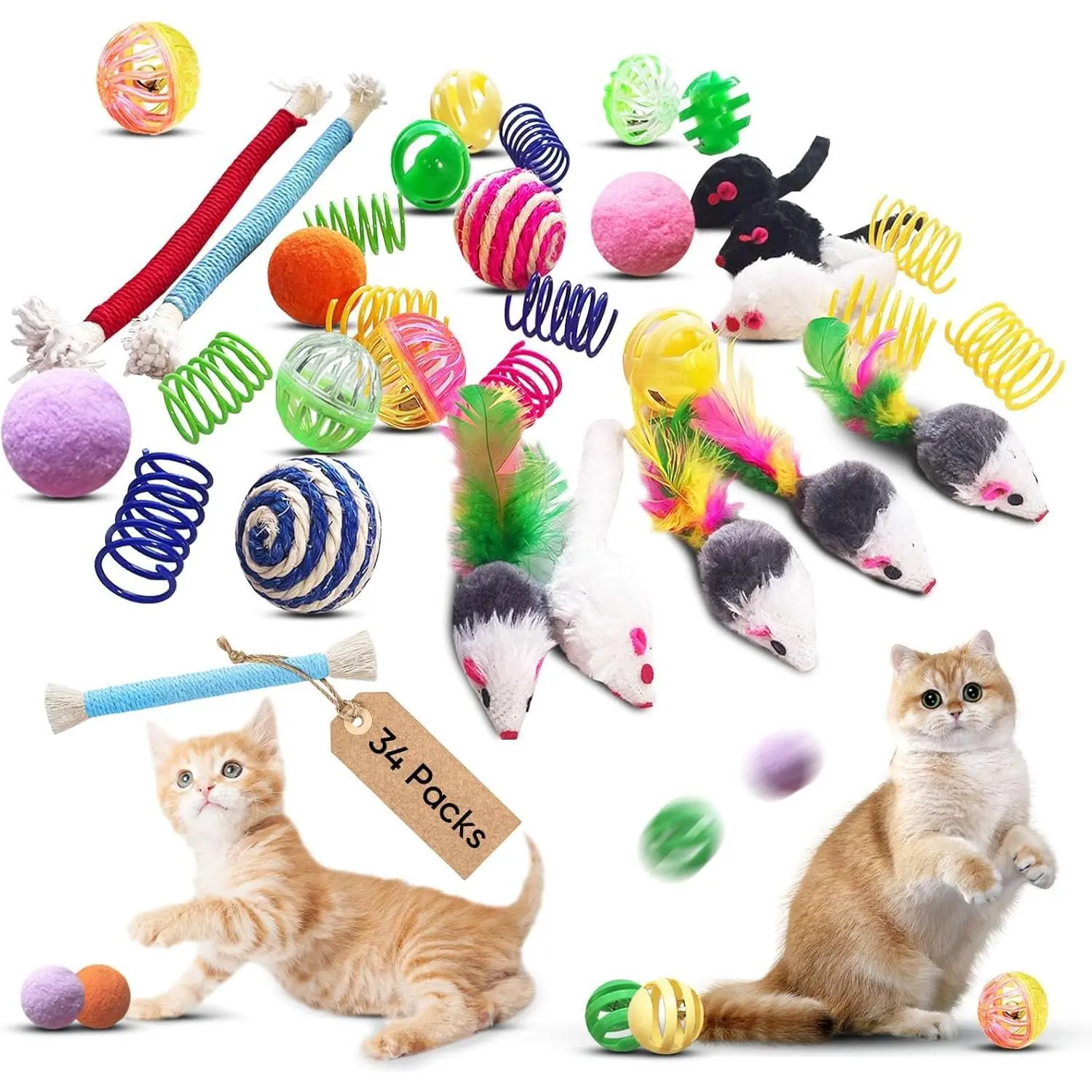 Cat Toys for Indoor Cats, 34 Pack Interactive Cat Toys Variety Pack with Cat Springs, Catnip Toys, Mouse Toys, Jingle Balls, Sisal Balls & Kitten Toys for Exercise and Play