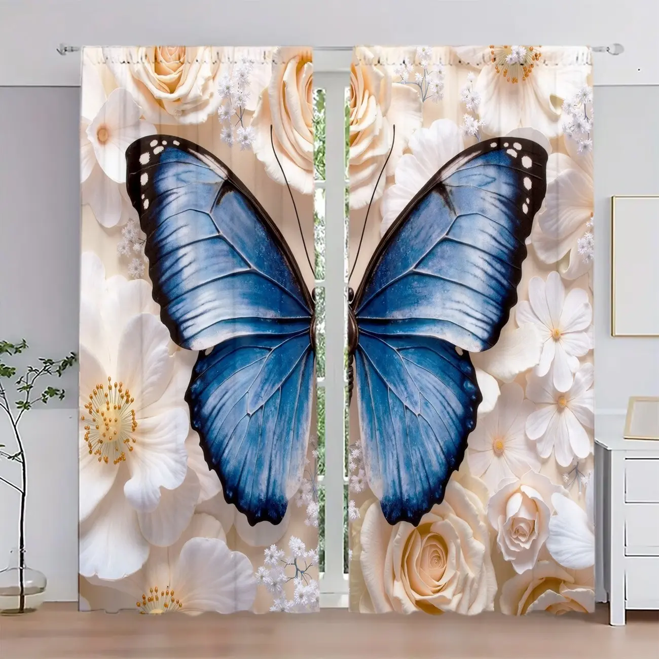 Beautiful Floral and Blue Butterfly Print Curtains, Sunblock and Privacy Protection, Durable Polyester, Suitable for All Rooms