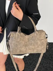 Vintage PU Leather Boston Bag, Large Capacity Commute Tote, Oil Wax Skin Shoulder Bag, American Retro Texture Pillow Bag, Detachable Strap