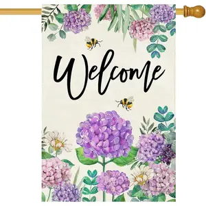 Spring Summer Hydrangea House Flag Double Sided 28x40 Inch, Purple Flower Floral Welcome House Flag Burlap Seasonal Farmhouse Yard Outdoor Decoration (Large)