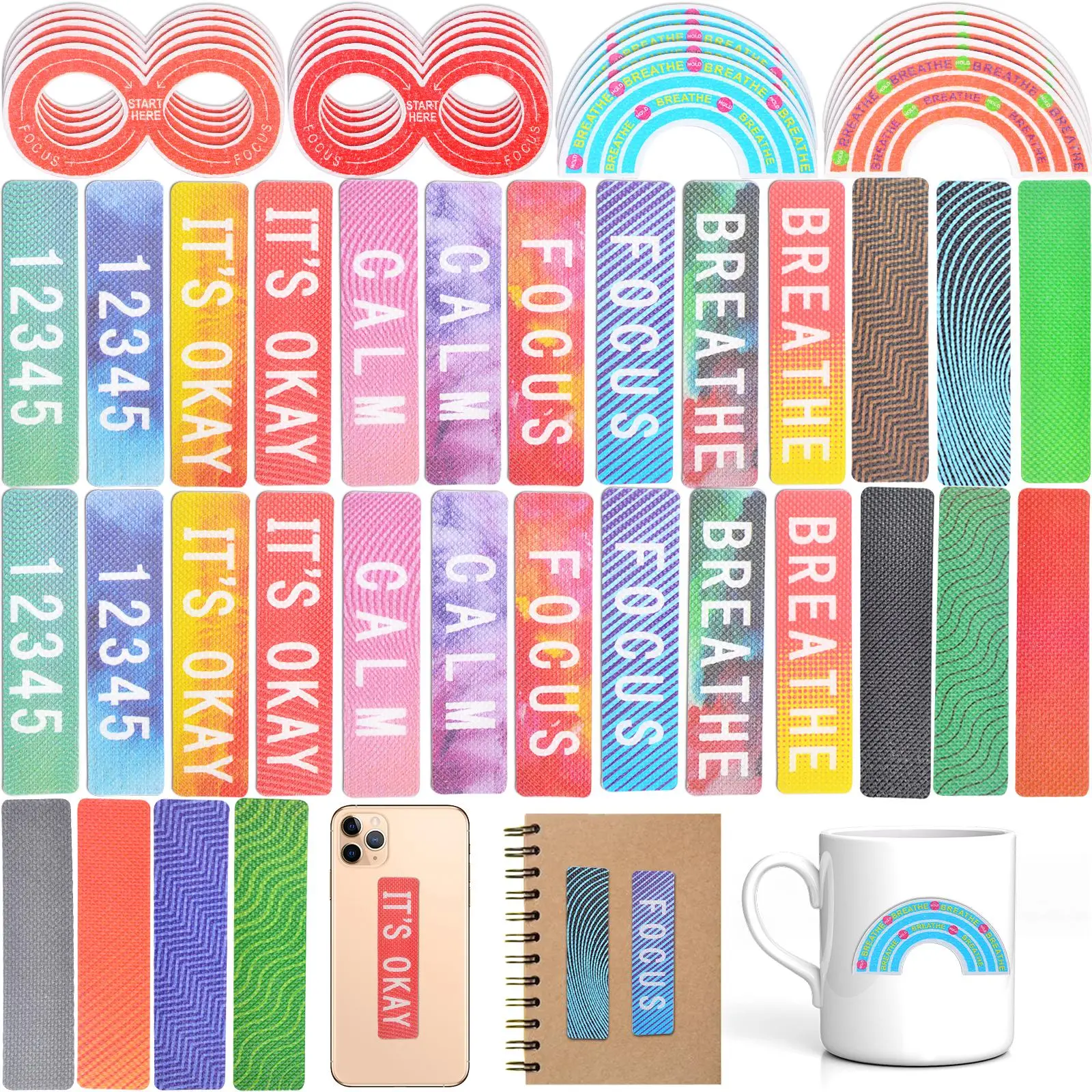 50PCS Calm Strips for Anxiety Sensory Stickers, Multicolor Tactile Textured Breathe Calming Anxiety Relief Sensory Strips for Adults Teens Relieve Stress Office Classroom Supplies