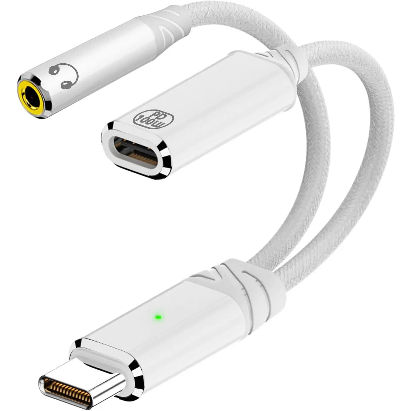 USB C to 3.5mm Headphone and Charger Adapter, White | 2-in-1 Type-C to Aux Audio Jack with 100W   Dongle  Cord