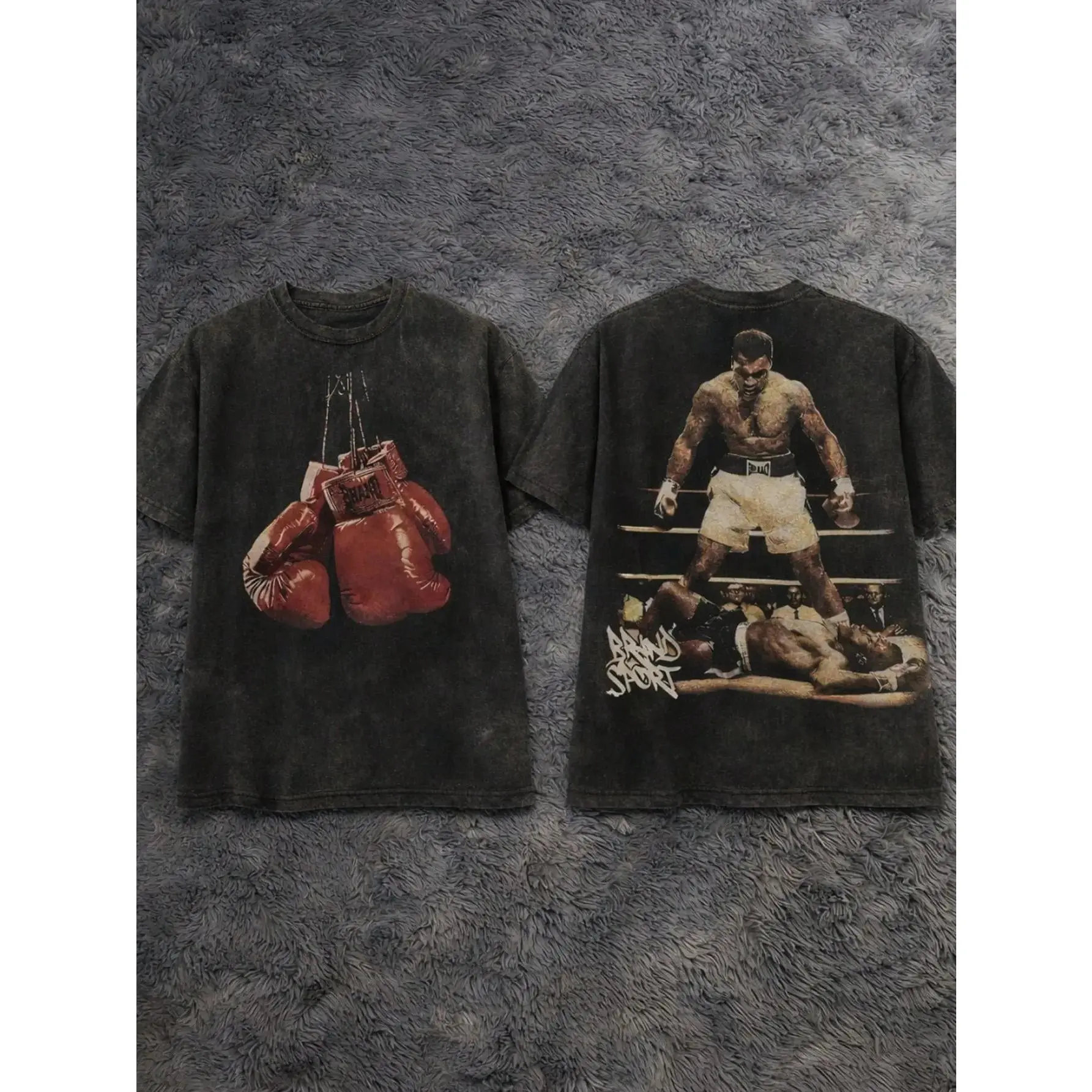 Retro Washed Muhammad Ali Boxing Graphic T-Shirt |   Double-Sided Red Gloves & "Knockout" Print, Unisex Oversized Streetwear for Men & Women, Vintage Boxing Legend Aesthetic