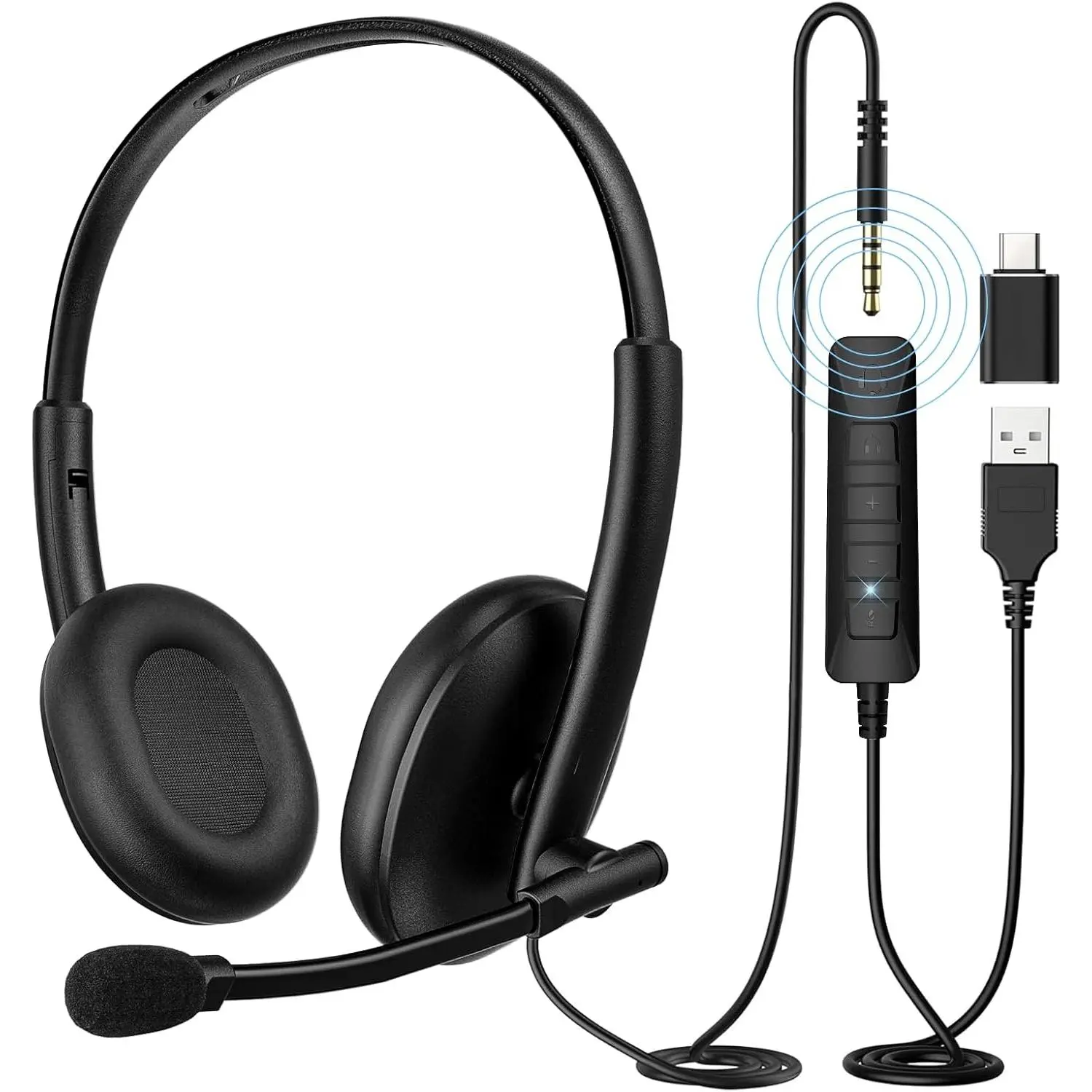 USB Headset with Noise-Canceling Microphone, USB-C/USB-A/3.5mm for PC  | 290° Rotating Noise-Canceling Mic,  Mute Controls, Lightweight Comfort, and 3-Way Connectivity for Clear Calls