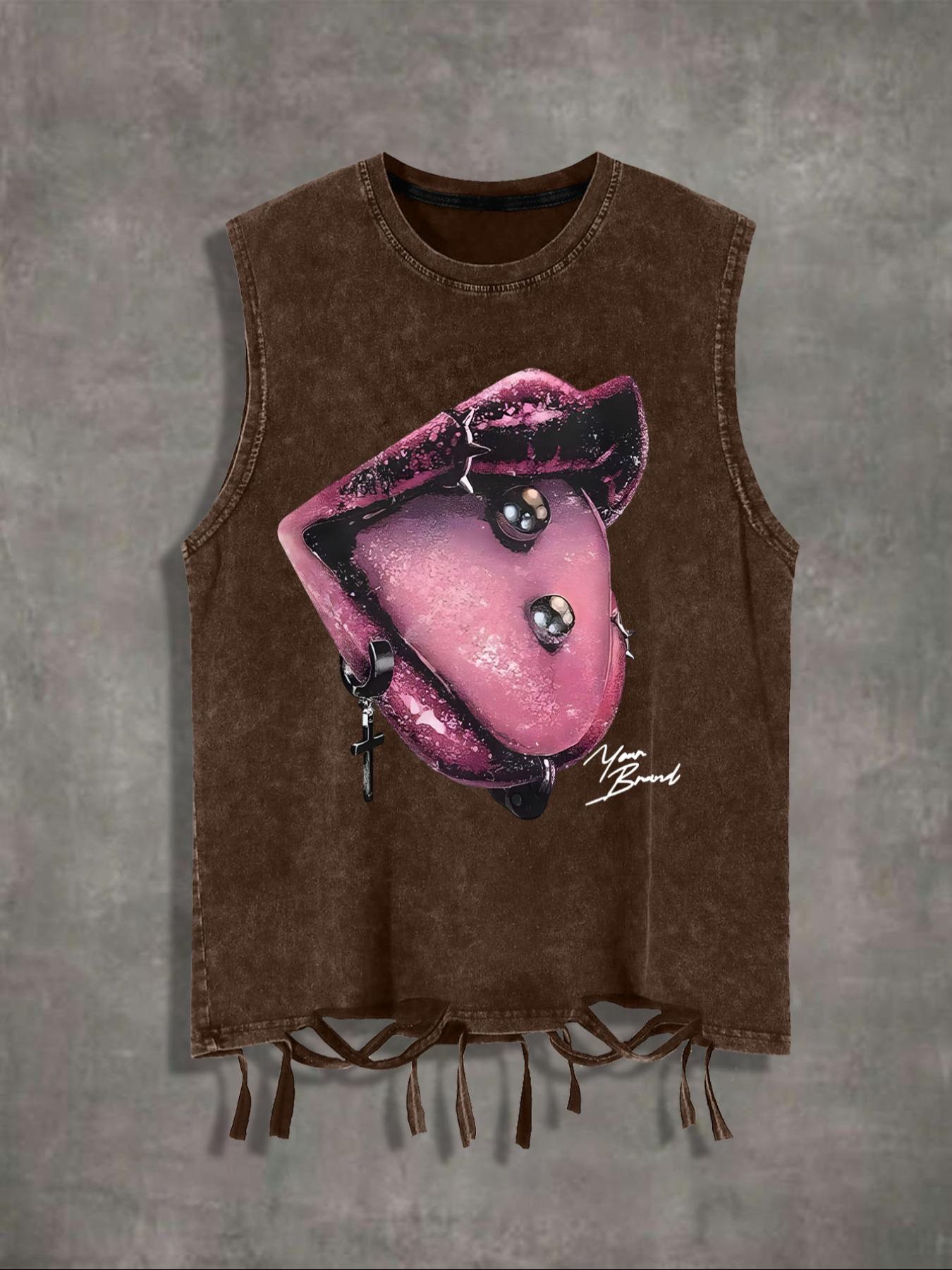 Men's Cartoon Lip Print Round Neck Tank Top, Regular Fit Street Fashion Casual Sleeveless Top for Summer, Men's Clothes for Daily Wear, Solid Sleeveless Menswear, Cotton Breathable Tank Tops, Streetwear Tank Vest